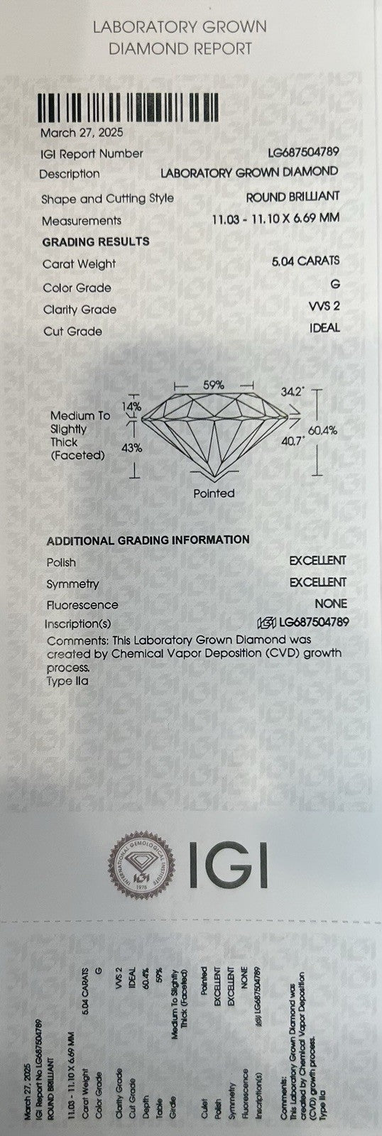 5.04 Round Brilliant Lab Diamond Solitaire Ring In 14K White Gold, Size 6.5