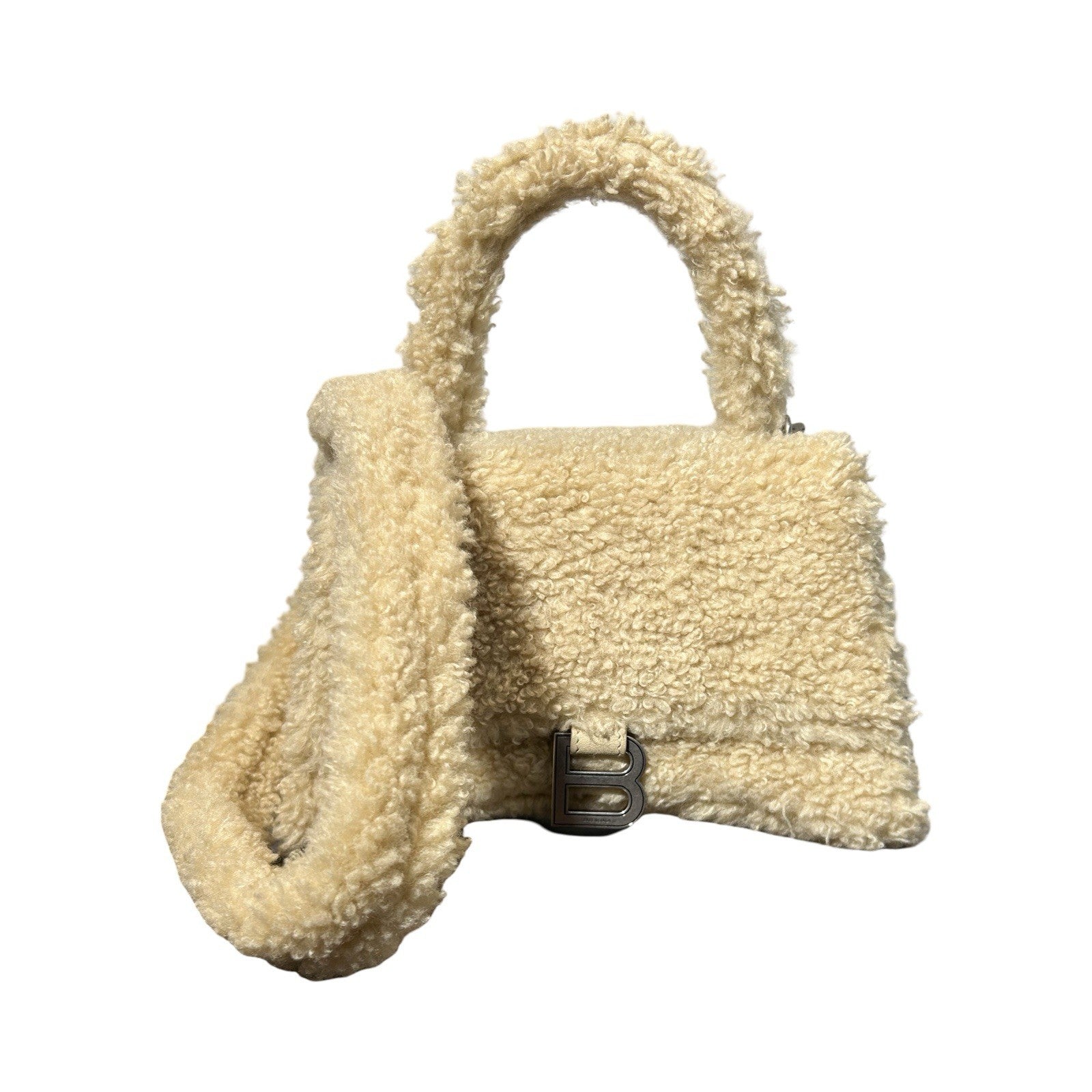 Balenciaga Curly Faux Shearling Small Hourglass Top Handle Bag Beige