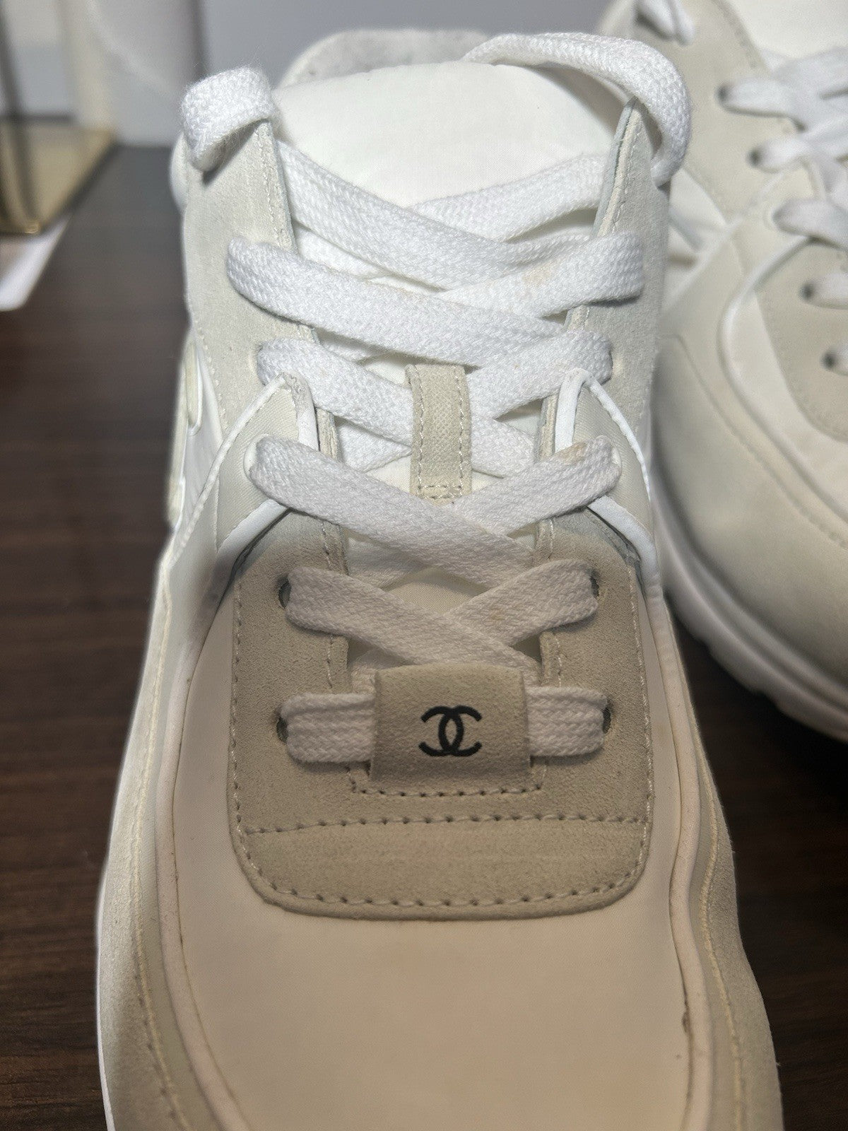 CHANEL Suede Calfskin Fabric CC Sneakers 42 White