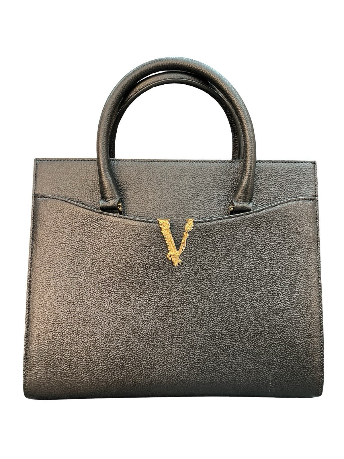 Grained Calfskin Large Virtus Top Handle Shoulder Bag Black