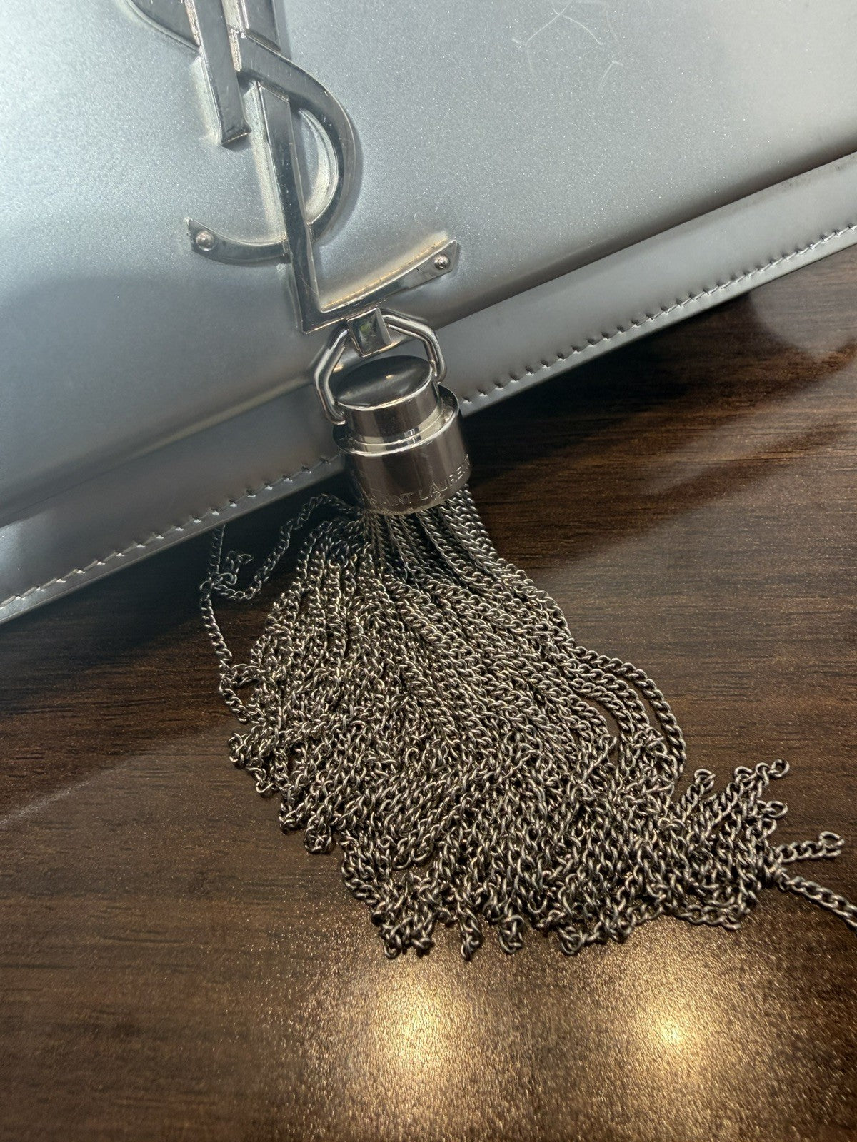 Saint Laurent YSL Metallic Kate Silver Hardware Tassel Chain Shoulder Bag 