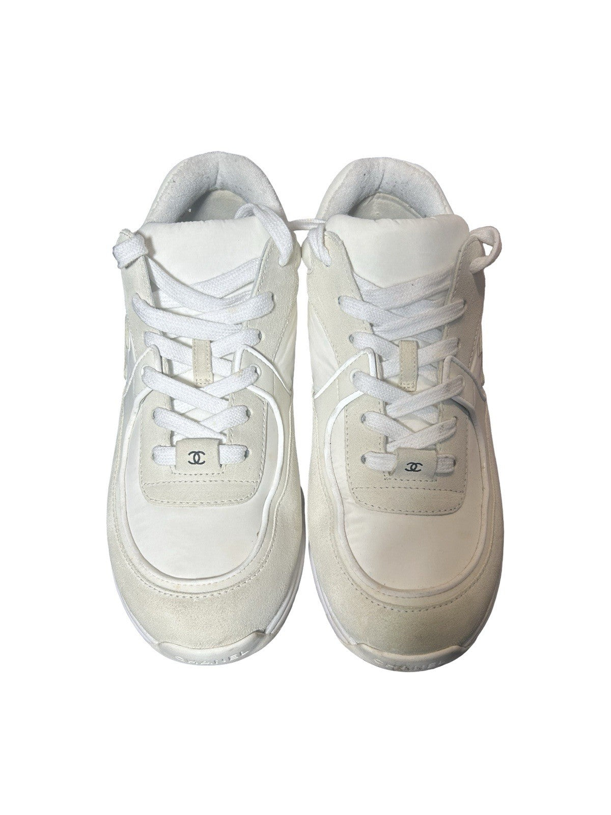 CHANEL Suede Calfskin Fabric CC Sneakers 42 White