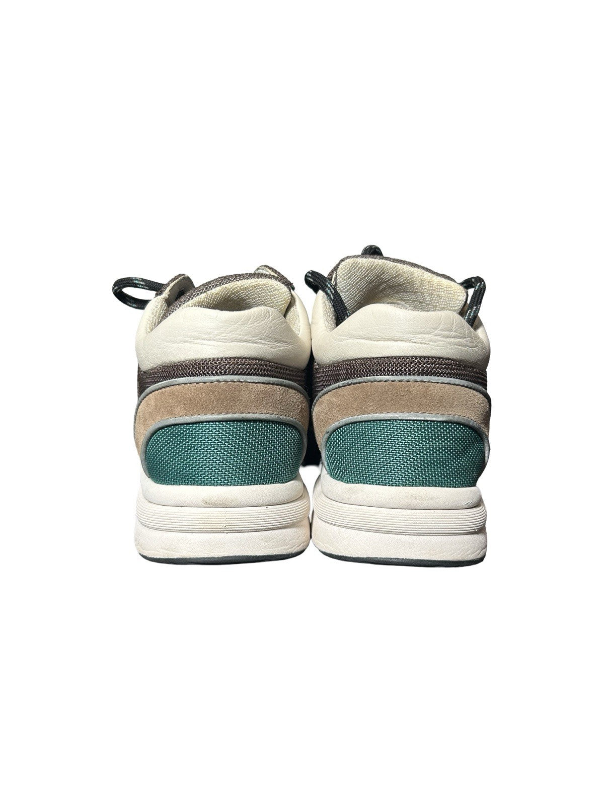 CHANEL Nylon Calfskin Suede Womens CC Sneakers 41 Brown Green