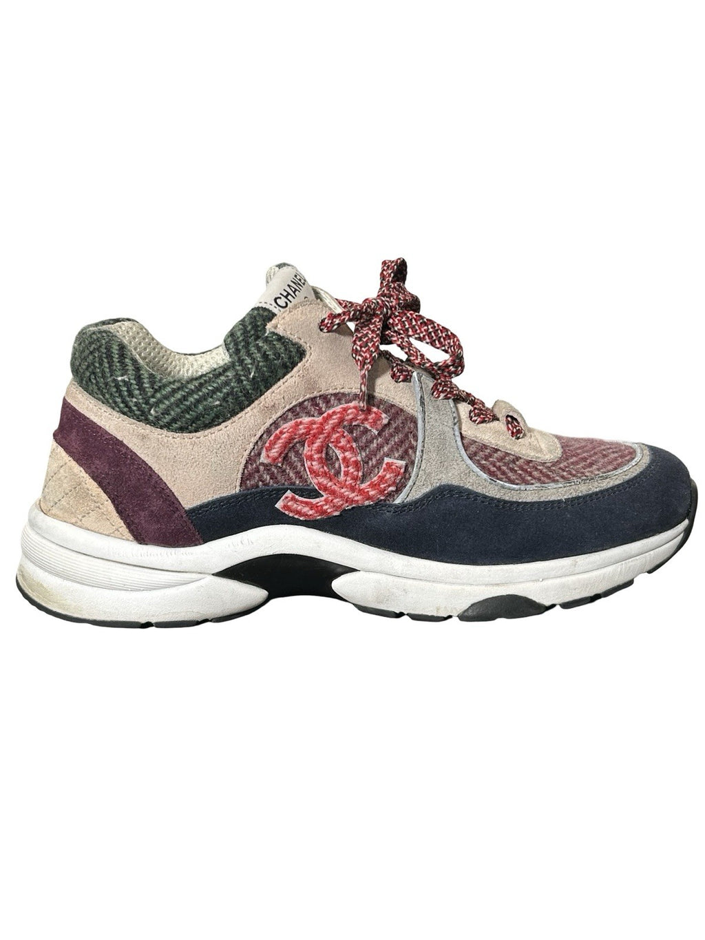 Chanel Tweed Suede CC Sneakers Size 37.5 Eu