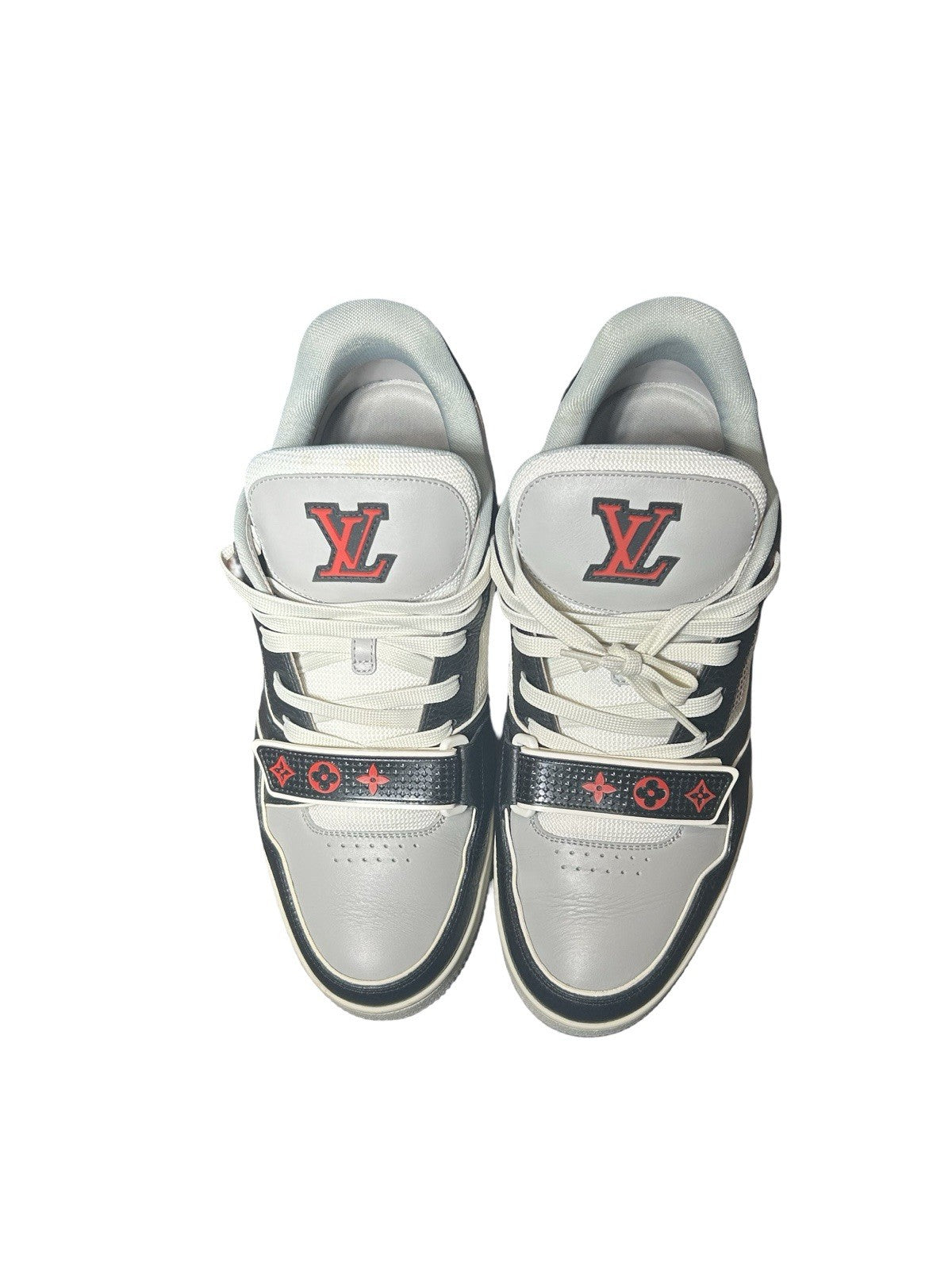 LOUIS VUITTON Calfskin Monogram Mens LV Trainer Sneakers 8 Grey Red Black
