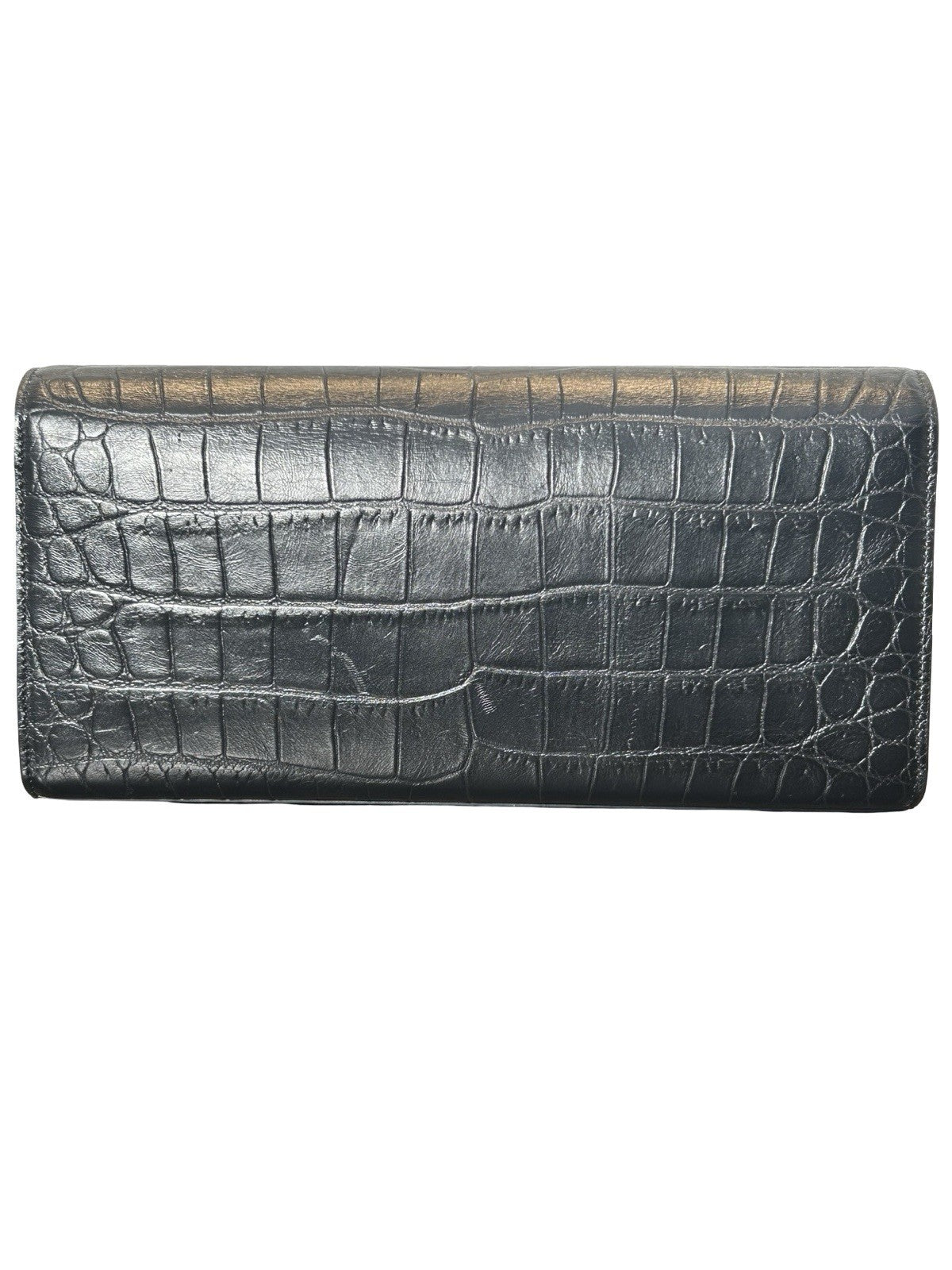 YSL Saint Laurent Calfskin Crocodile Embossed Monogram Tassel Clutch Kate Black