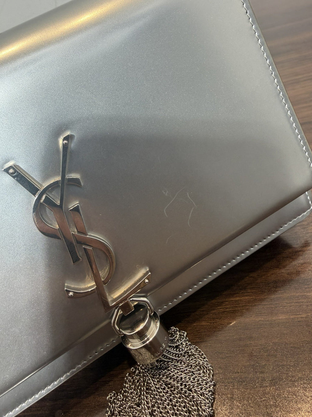 Saint Laurent YSL Metallic Kate Silver Hardware Tassel Chain Shoulder Bag 