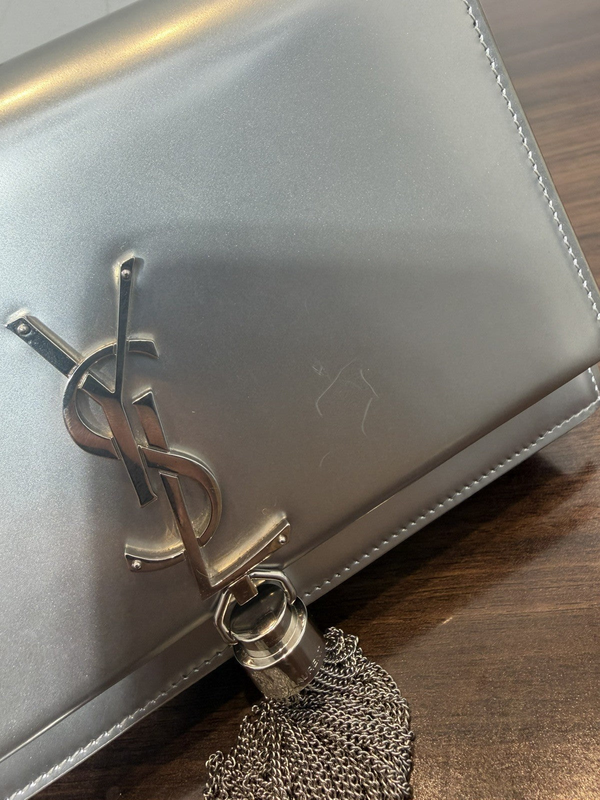 Saint Laurent YSL Metallic Kate Silver Hardware Tassel Chain Shoulder Bag 