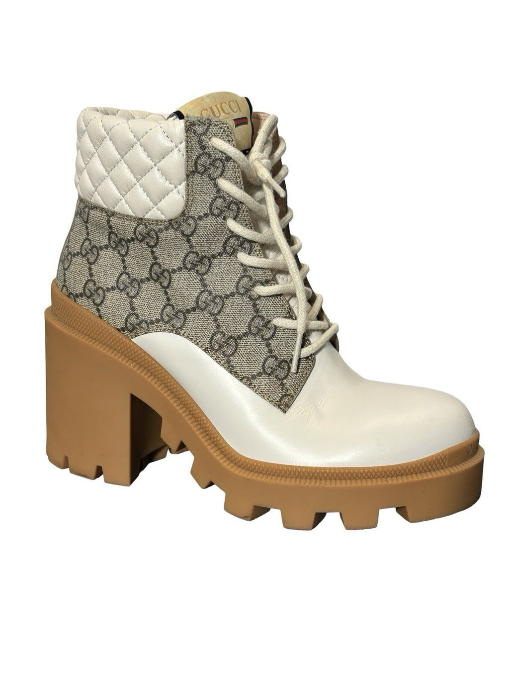 Gucci Calfskin GG Supreme Monogram Nappa Quilted Lace Up Ankle Boots