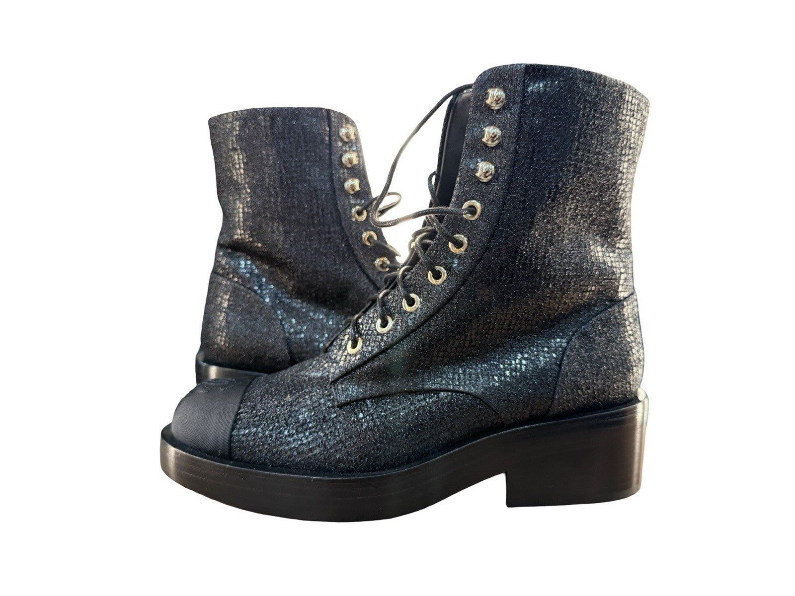Chanel Women's CC Cap Toe Lace Up Combat Boots Fabric & Grosgrain Size 38 - US 8