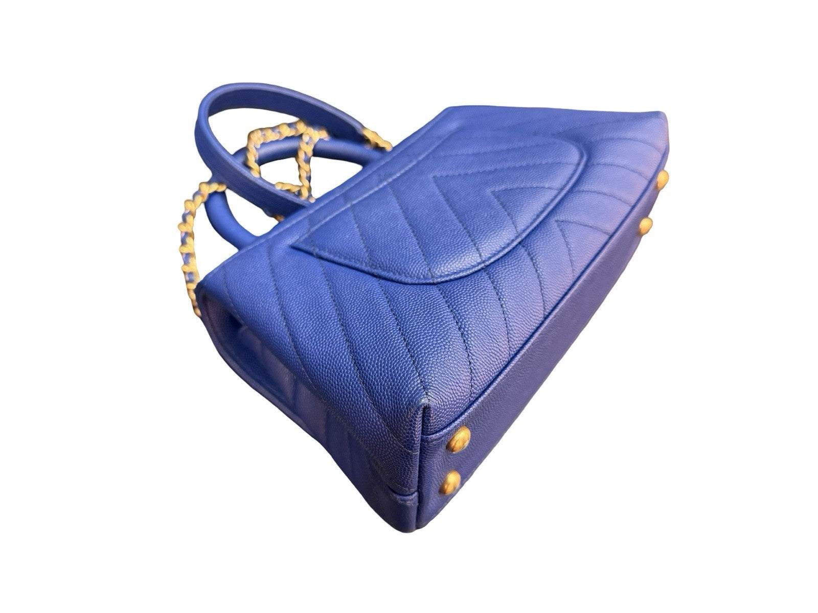 Chanel Caviar Chevron Quilted Mini Coco Top Handle Flap Bag Blue