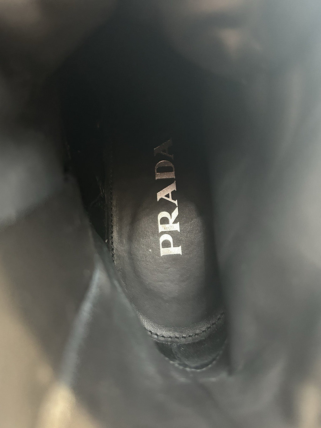 Prada Spazzolato Re-Nylon 2.5 Inch Heel Metal Triangle Logo Ankle Boots 37 Black