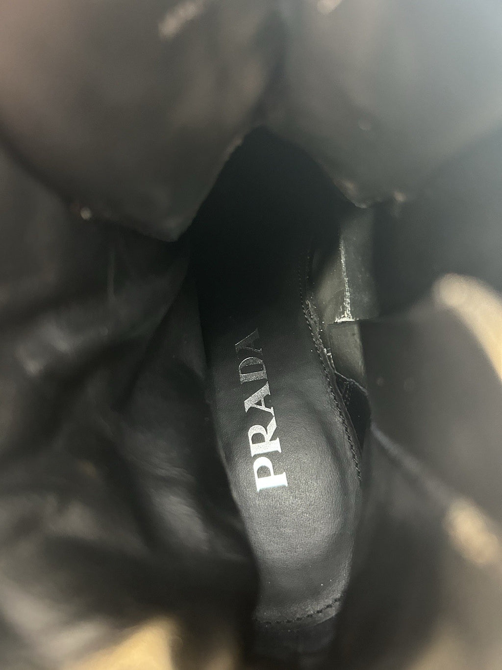 Prada Spazzolato Re-Nylon 2.5 Inch Heel Metal Triangle Logo Ankle Boots 37 Black