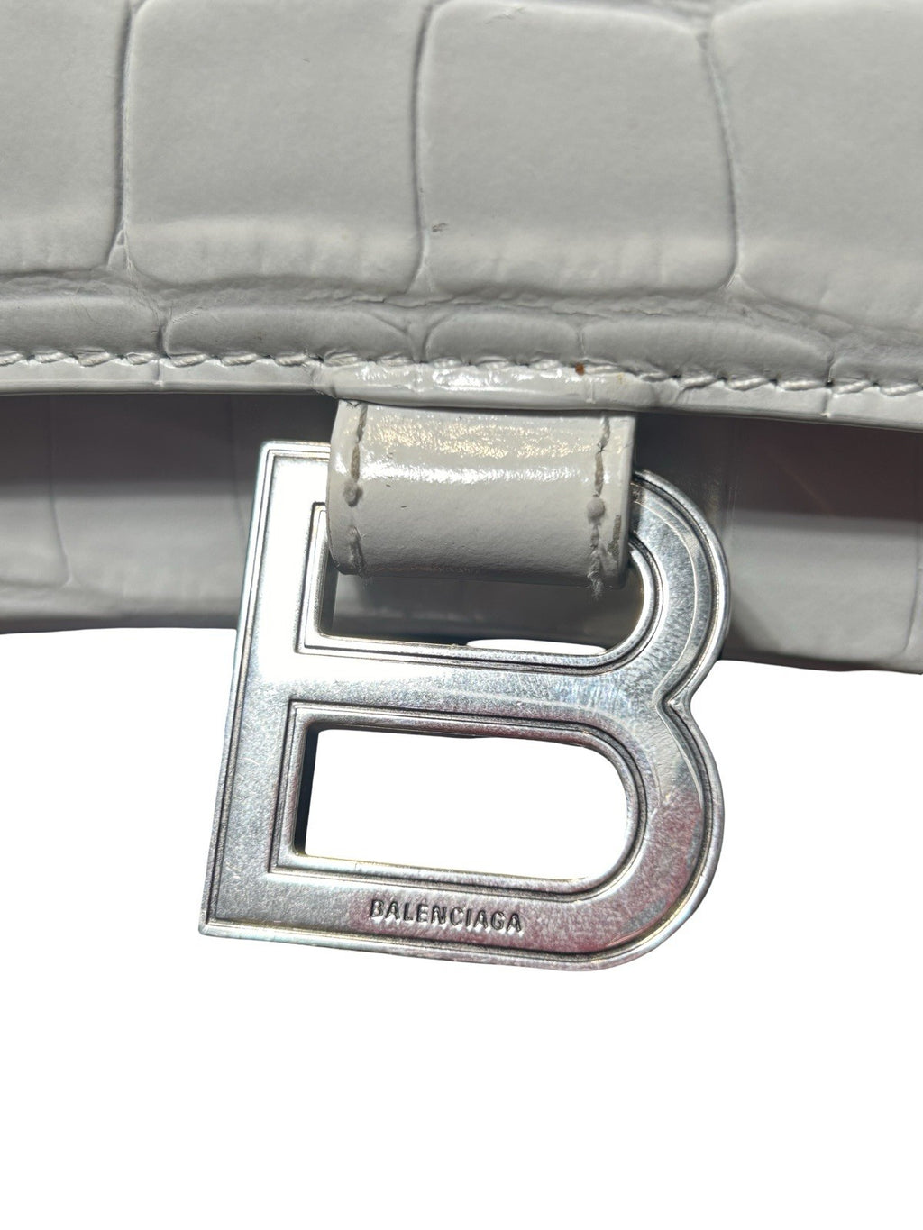 Balenciaga Hourglass Top Handle Bag Crocodile Embossed Leather Small White