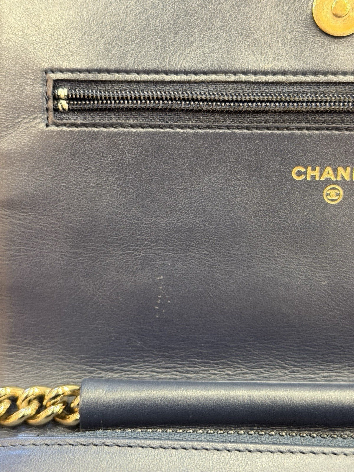Chanel Boy Wallet on Chain (WOC) Caviar Leather Navy Blue Gold Hardware