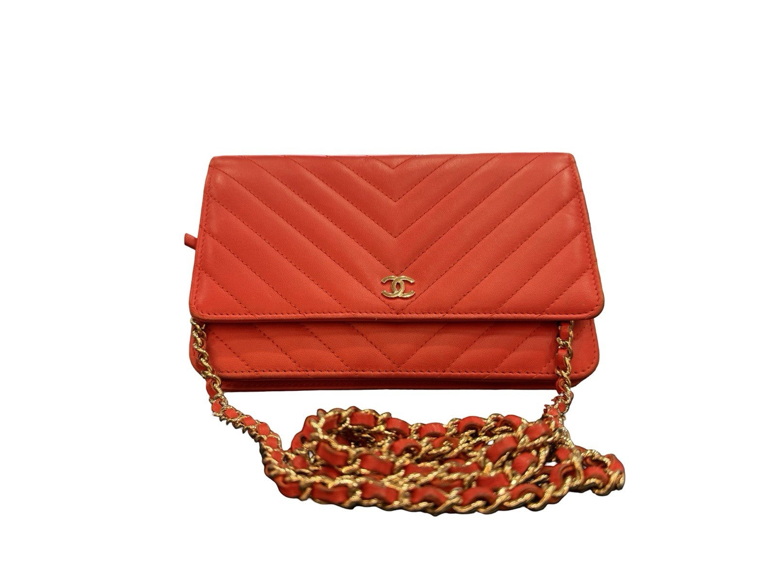 Chanel Red Classic Chevron Wallet On Chain