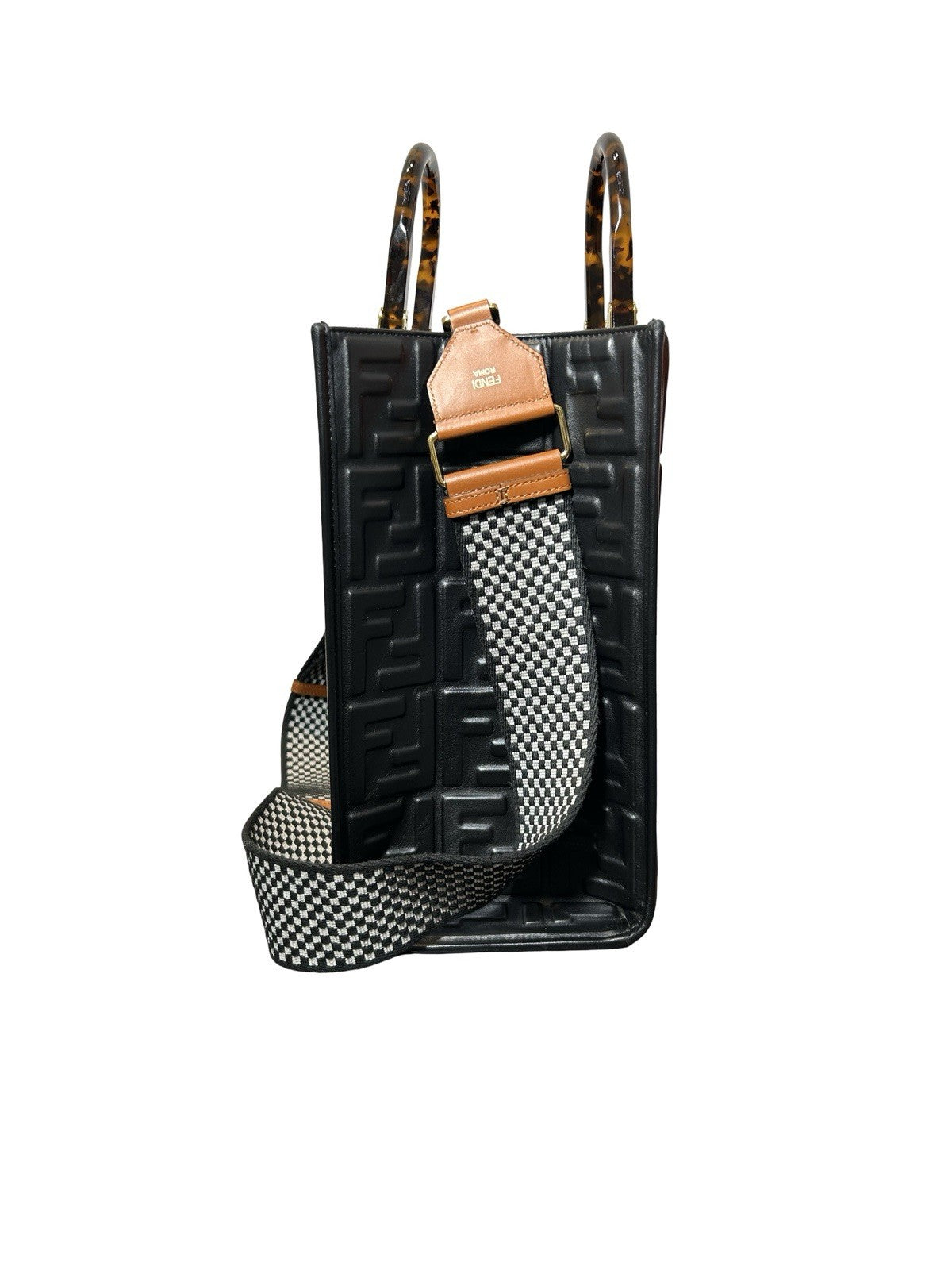 FENDI Vitello Plexiglass FF Embossed Medium Fendi Sunshine Shopper Tote Black