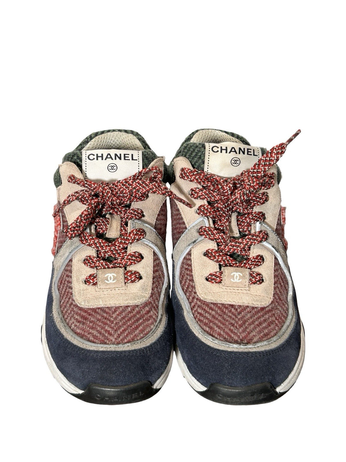 Chanel Tweed Suede CC Sneakers Size 37.5 Eu