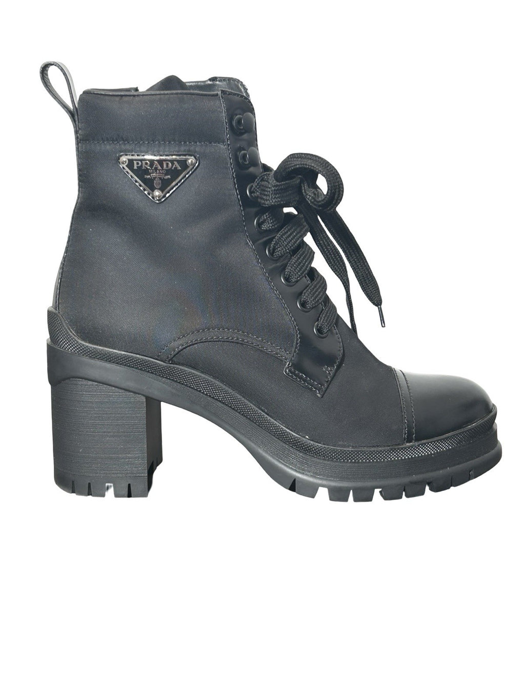 Prada Spazzolato Re-Nylon 2.5 Inch Heel Metal Triangle Logo Ankle Boots 37 Black