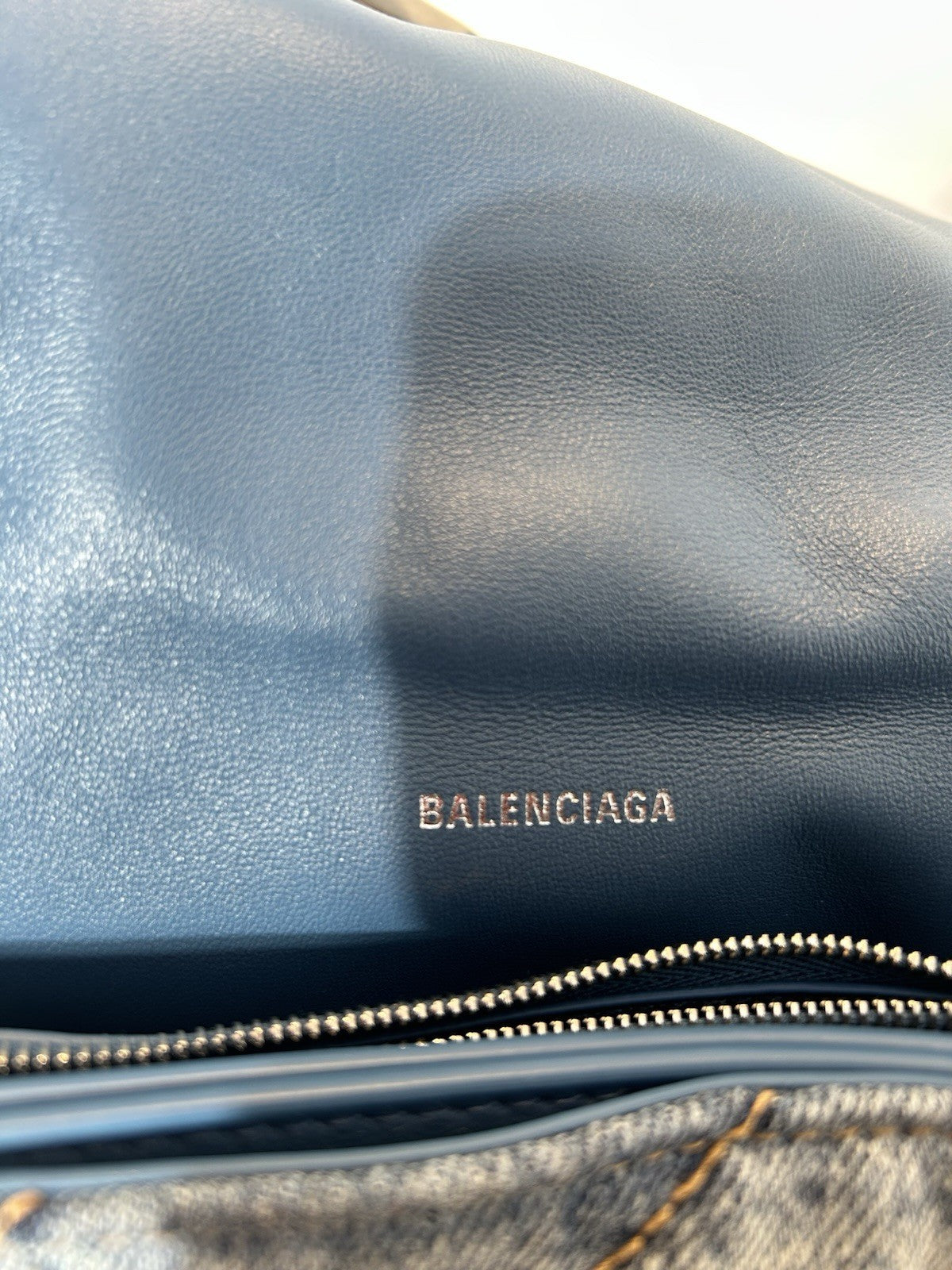 Balenciaga Denim Hourglass Medium Crush Chain Bag
