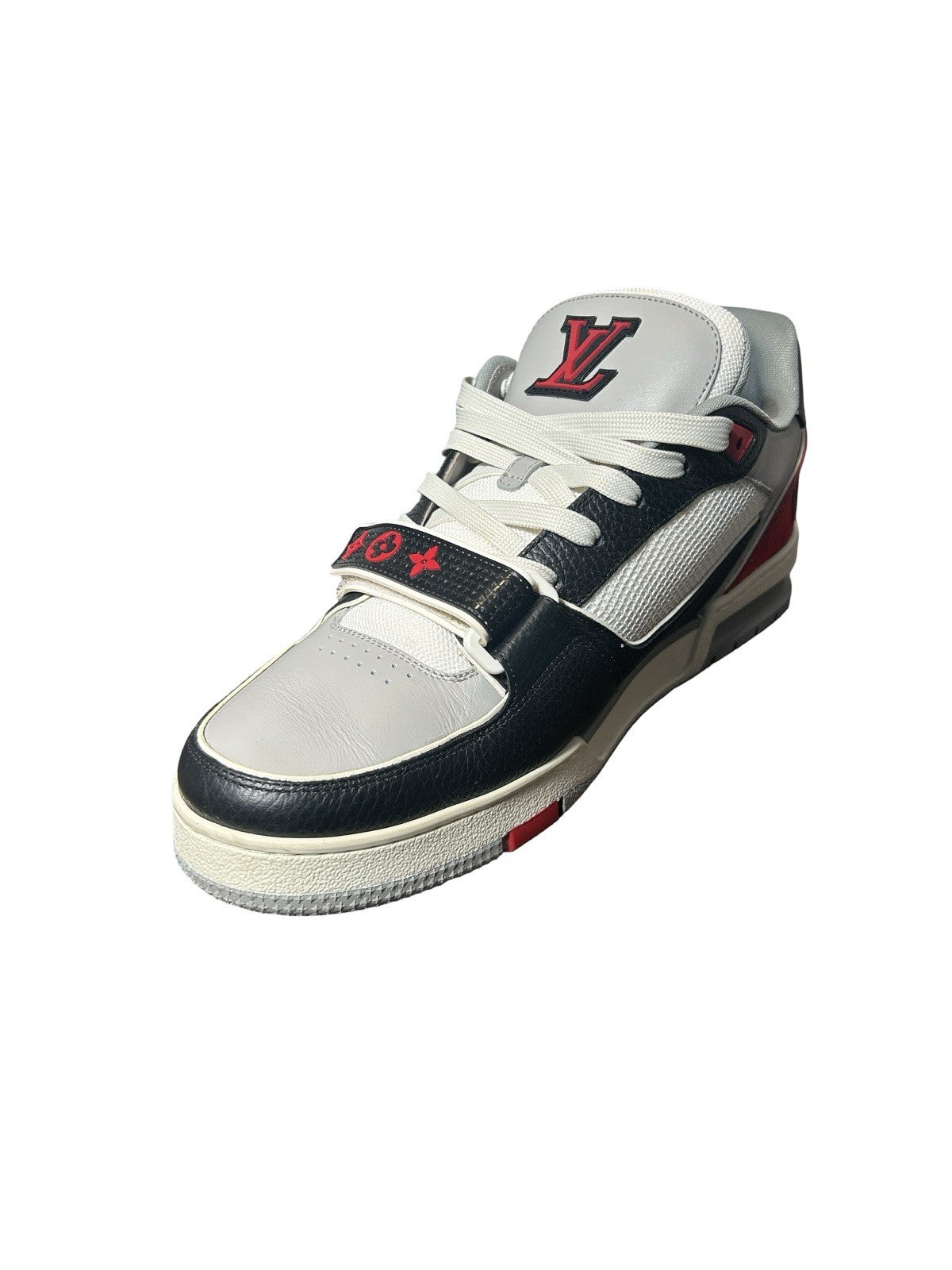 LOUIS VUITTON Calfskin Monogram Mens LV Trainer Sneakers 8 Grey Red Black