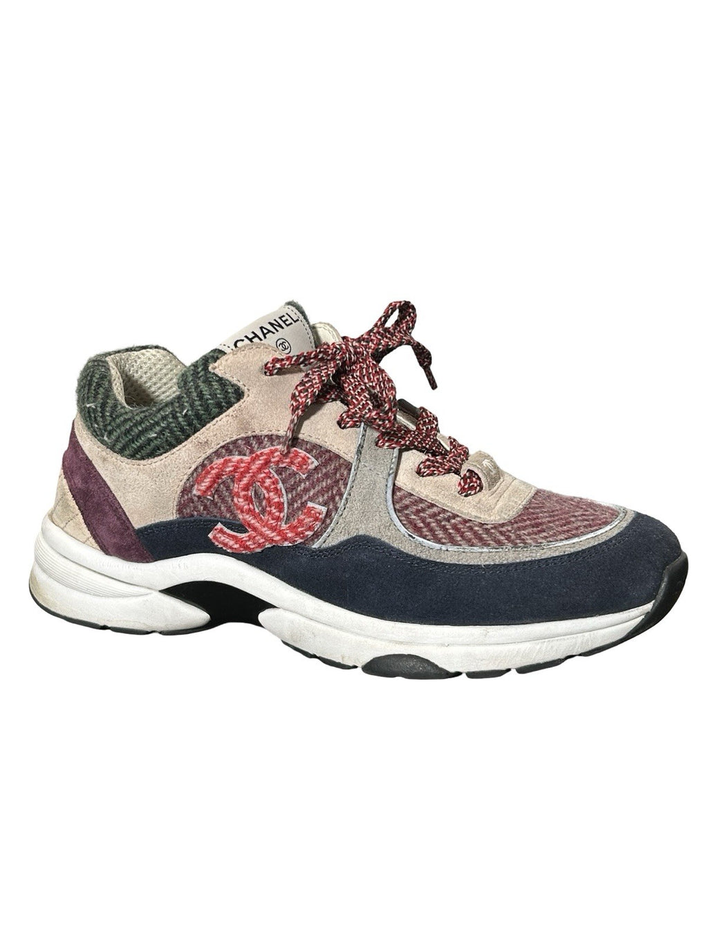 Chanel Tweed Suede CC Sneakers Size 37.5 Eu