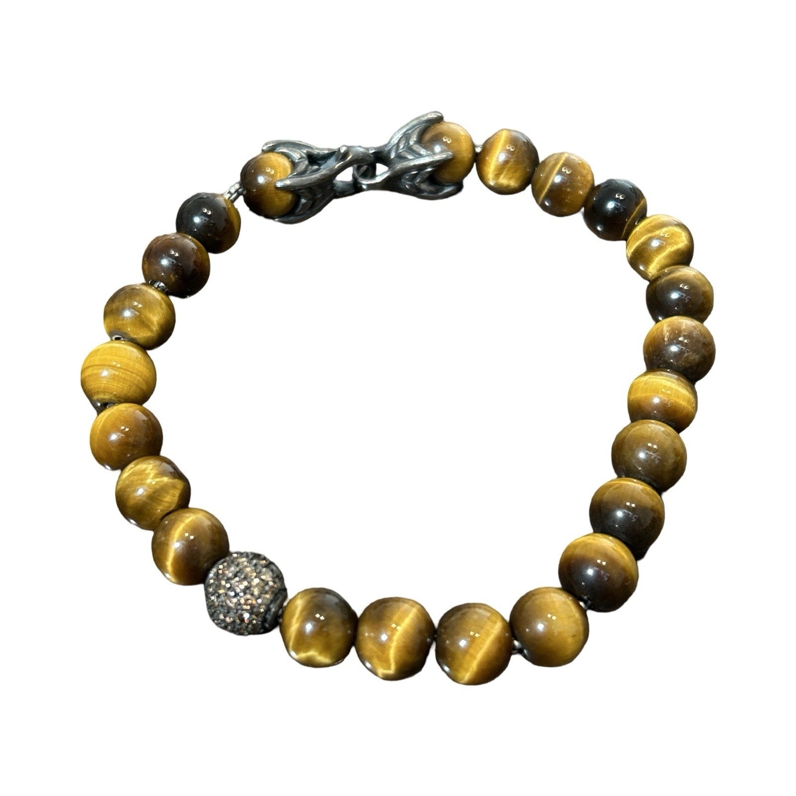David Yurman Spiritual Bead Bracelet Tiger’s Eye Cognac Diamond Pavé Station 6mm