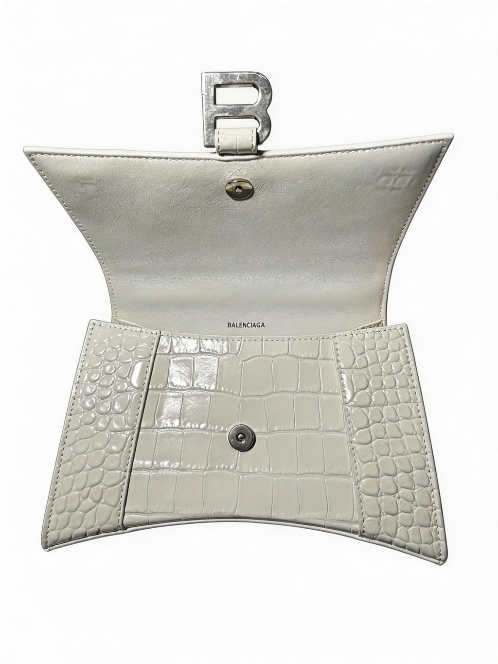 Balenciaga Hourglass Top Handle Bag Crocodile Embossed Leather Small White
