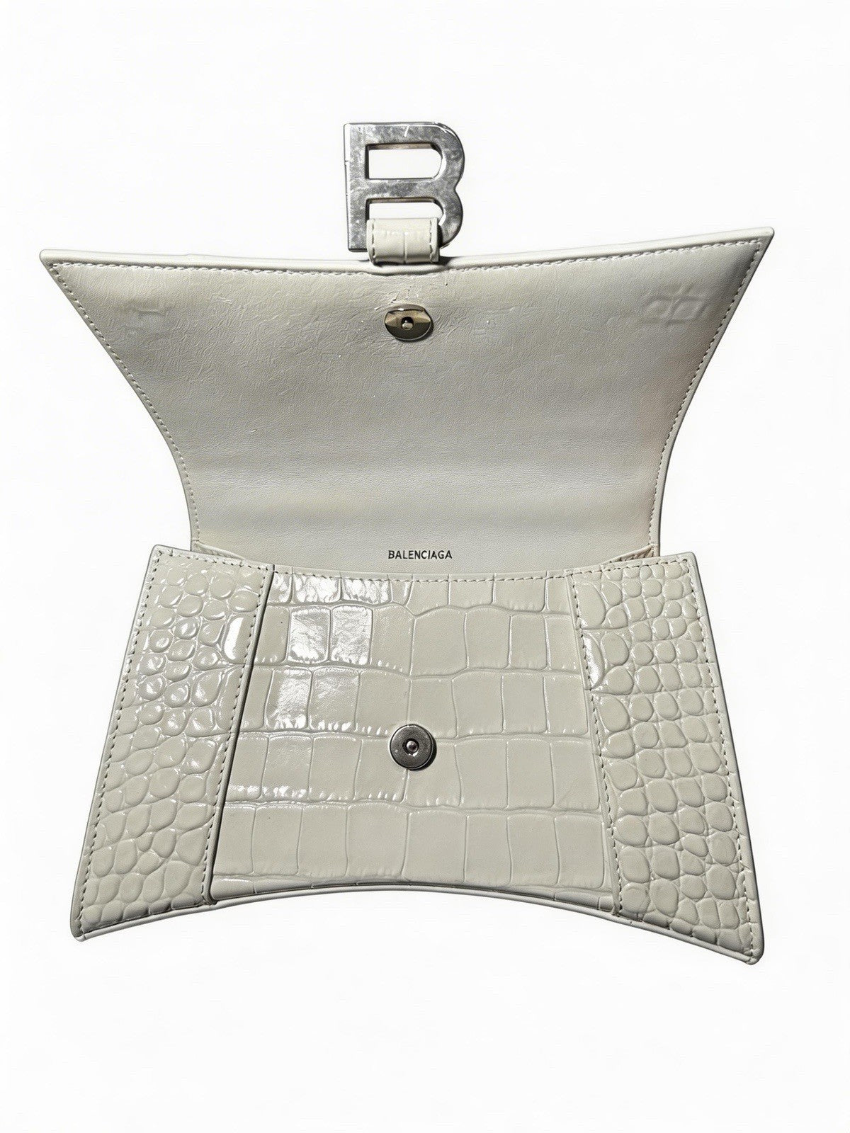 Balenciaga Hourglass Top Handle Bag Crocodile Embossed Leather Small White