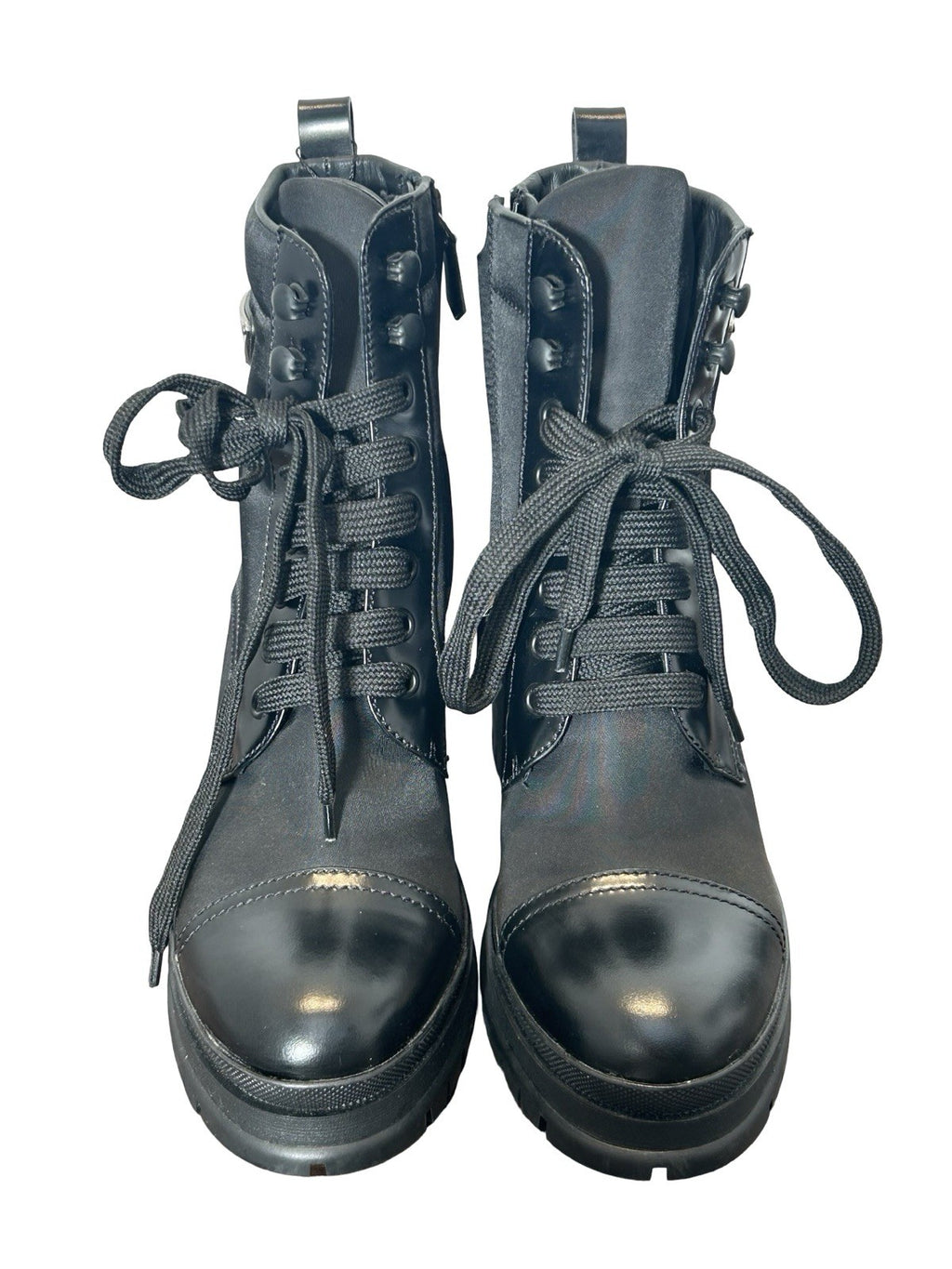 Prada Spazzolato Re-Nylon 2.5 Inch Heel Metal Triangle Logo Ankle Boots 37 Black