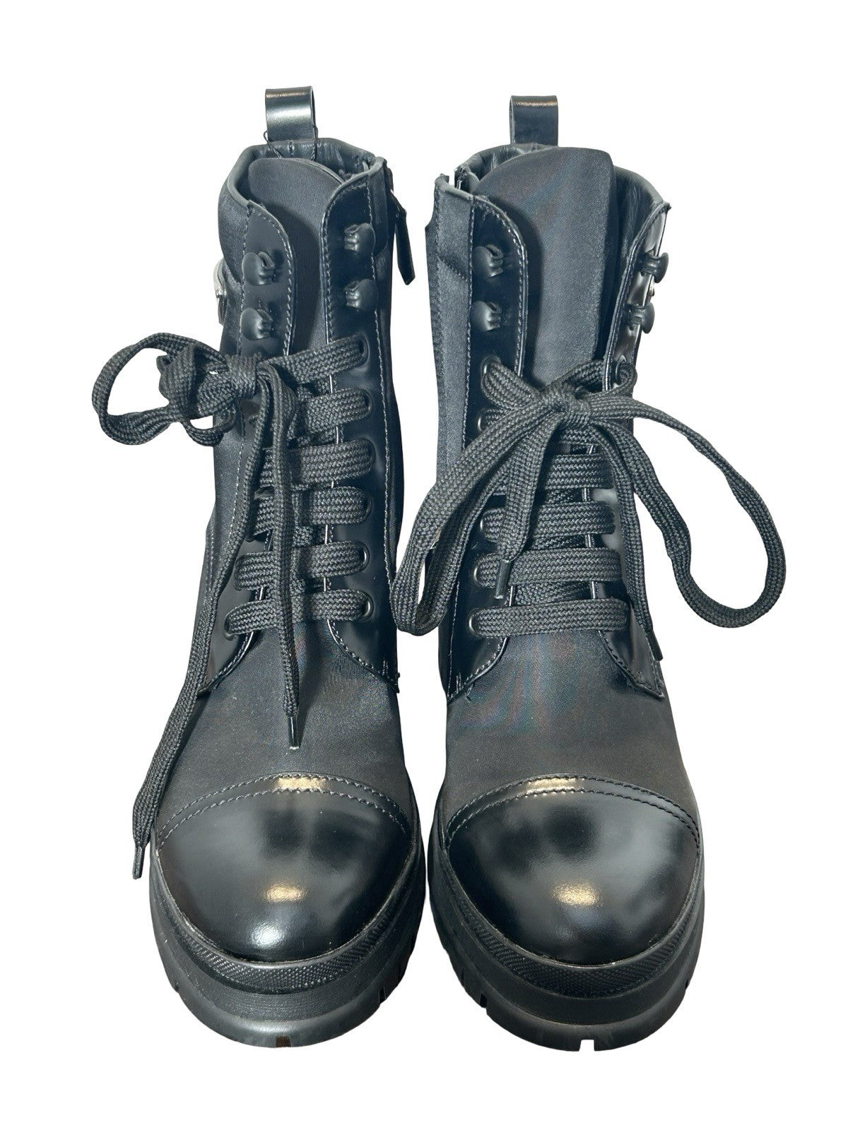 Prada Spazzolato Re-Nylon 2.5 Inch Heel Metal Triangle Logo Ankle Boots 37 Black