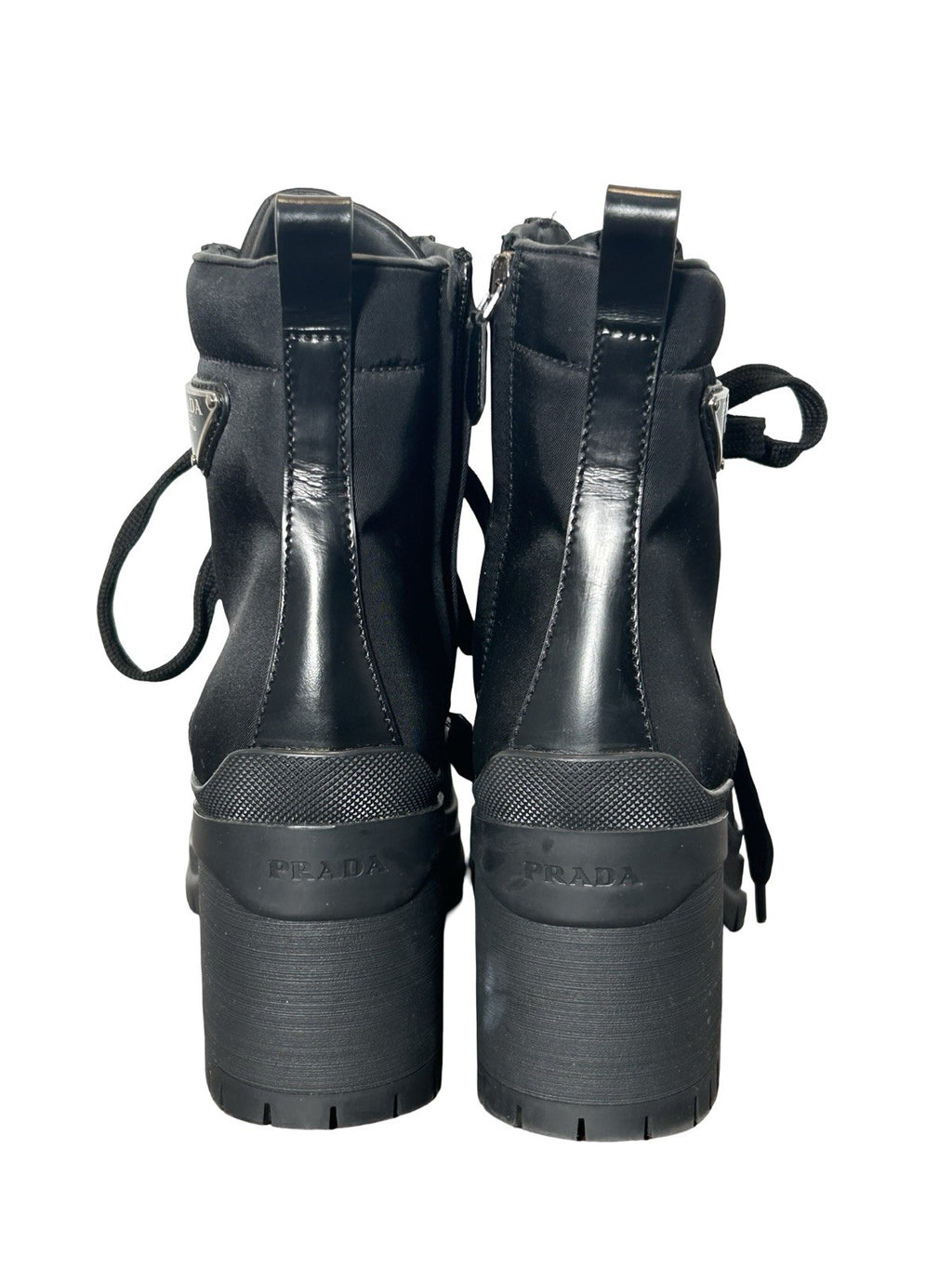 Prada Spazzolato Re-Nylon 2.5 Inch Heel Metal Triangle Logo Ankle Boots 37 Black