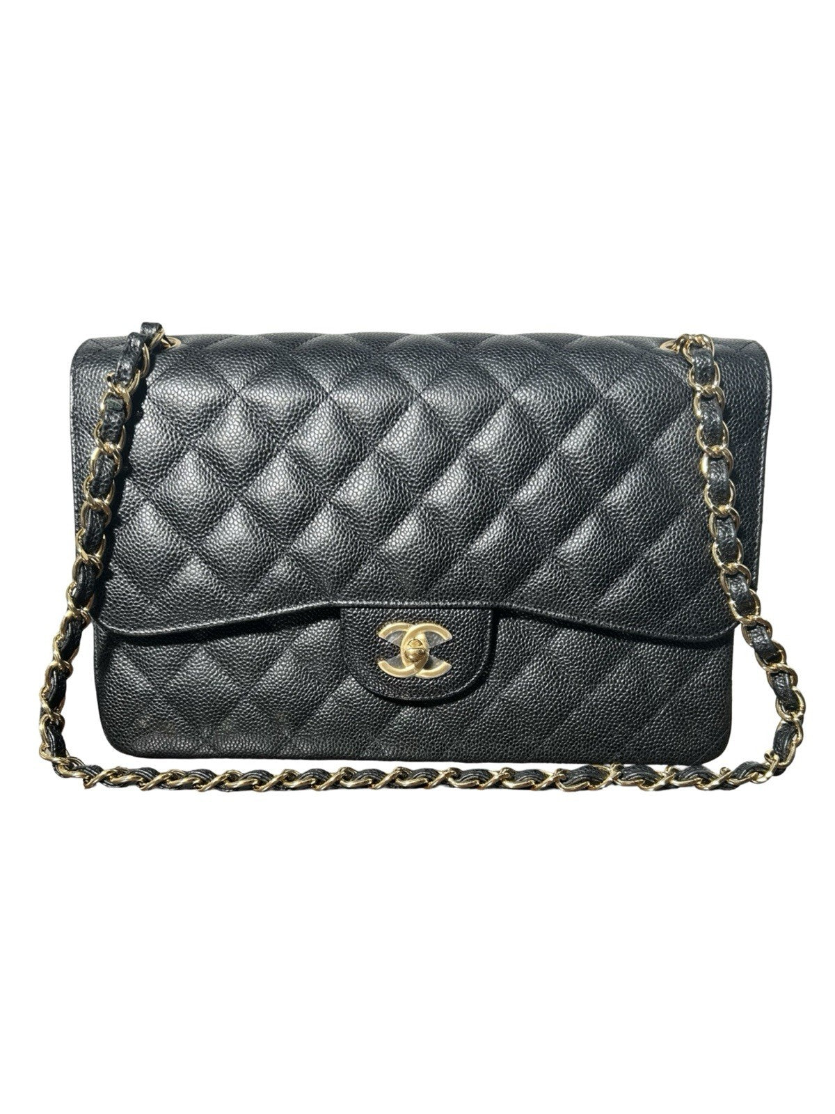 Chanel Black Quilted Caviar Jumbo Classic Double Flap Gold Hardware, 2022