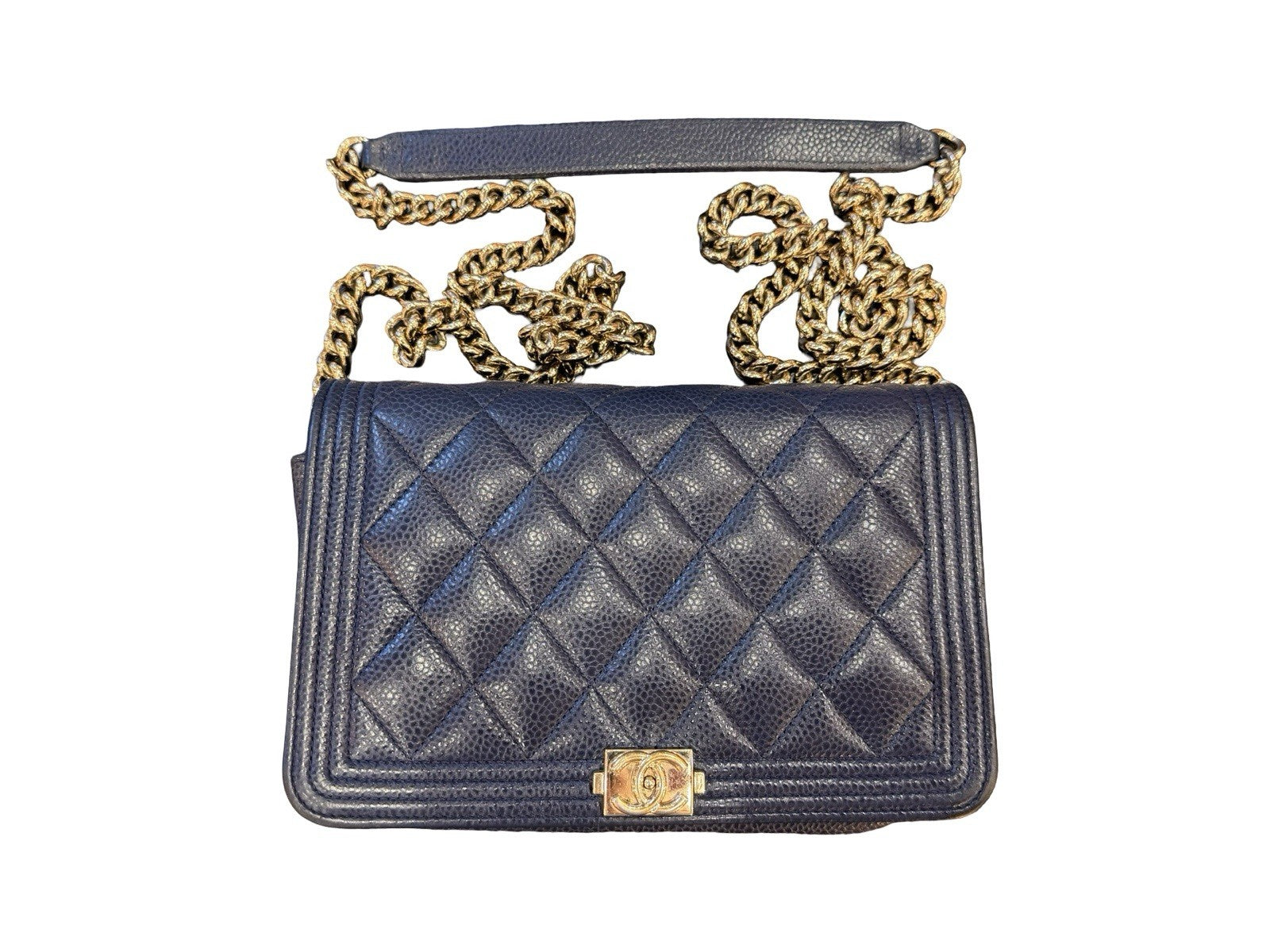 Chanel Boy Wallet on Chain (WOC) Caviar Leather Navy Blue Gold Hardware