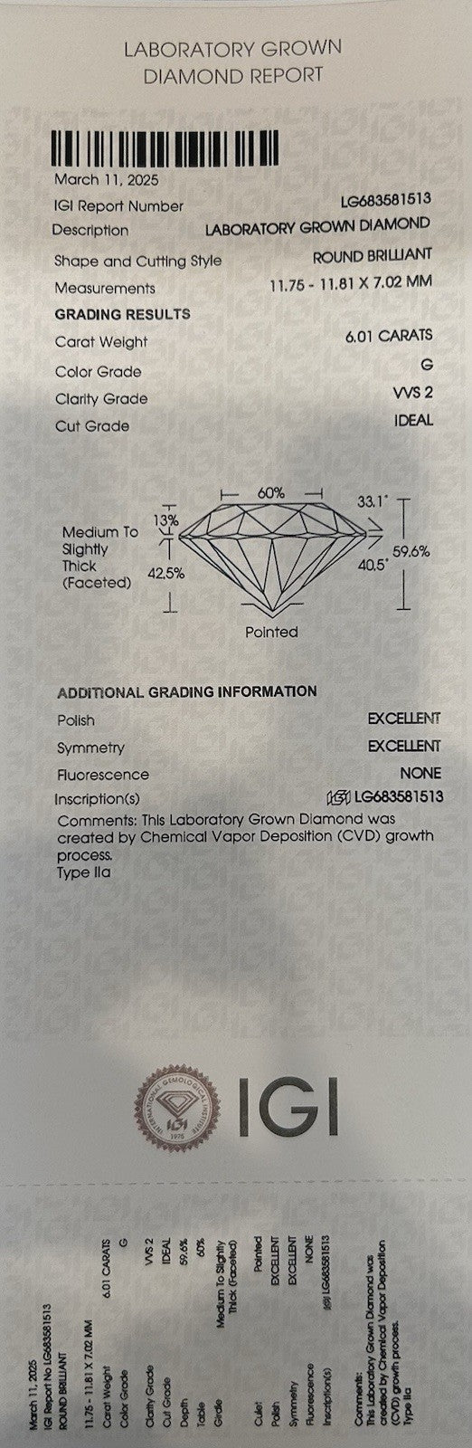 6.01 Carats Round Brilliant In Hidden Halo Setting 14k White Gold