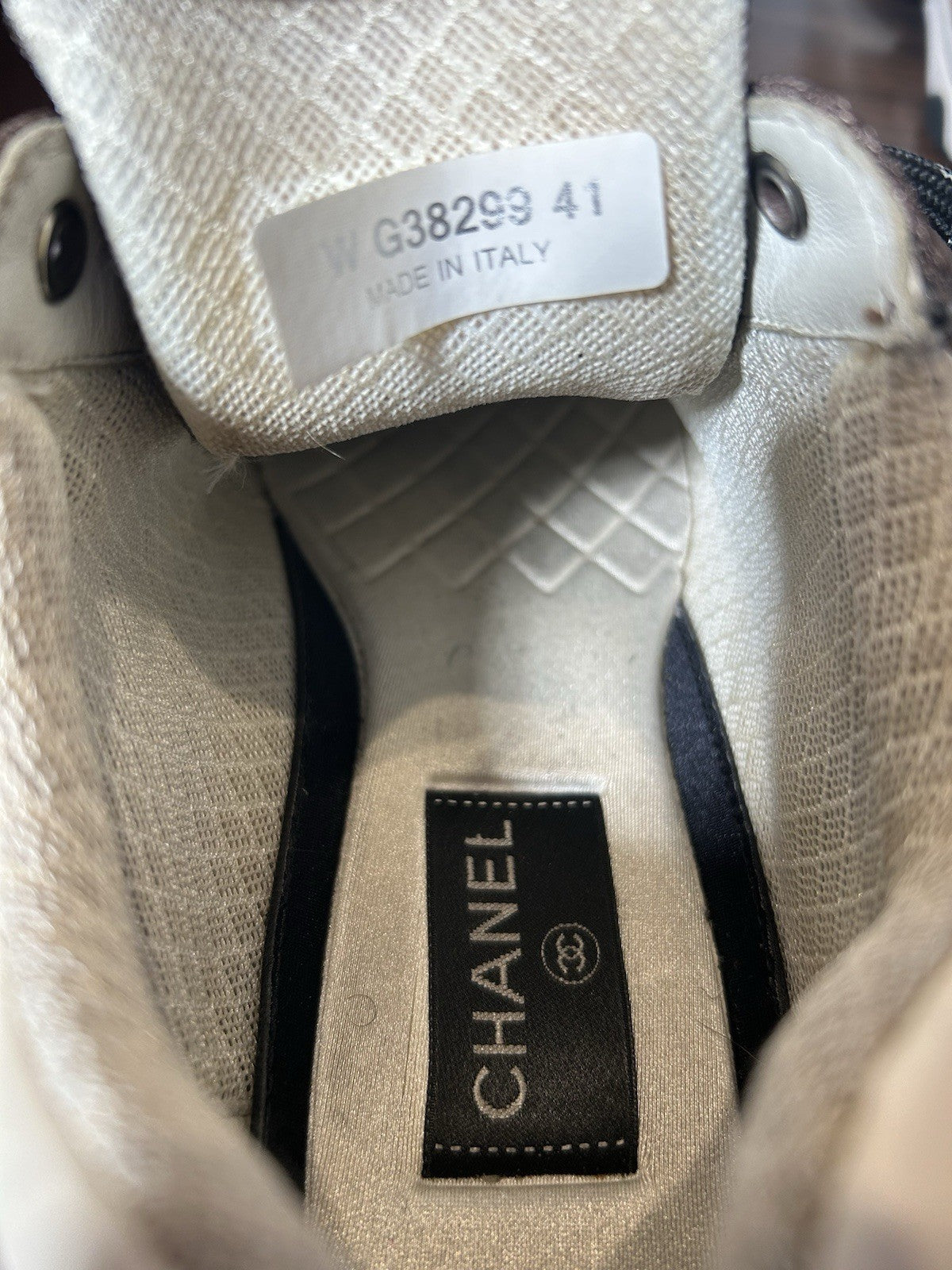 CHANEL Nylon Calfskin Suede Womens CC Sneakers 41 Brown Green