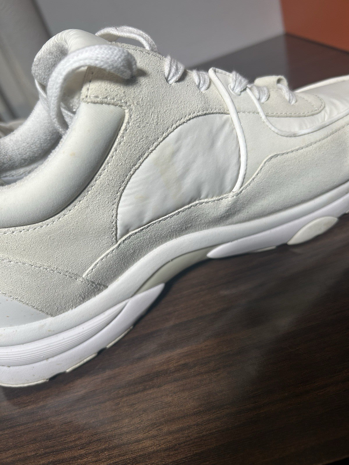 CHANEL Suede Calfskin Fabric CC Sneakers 42 White
