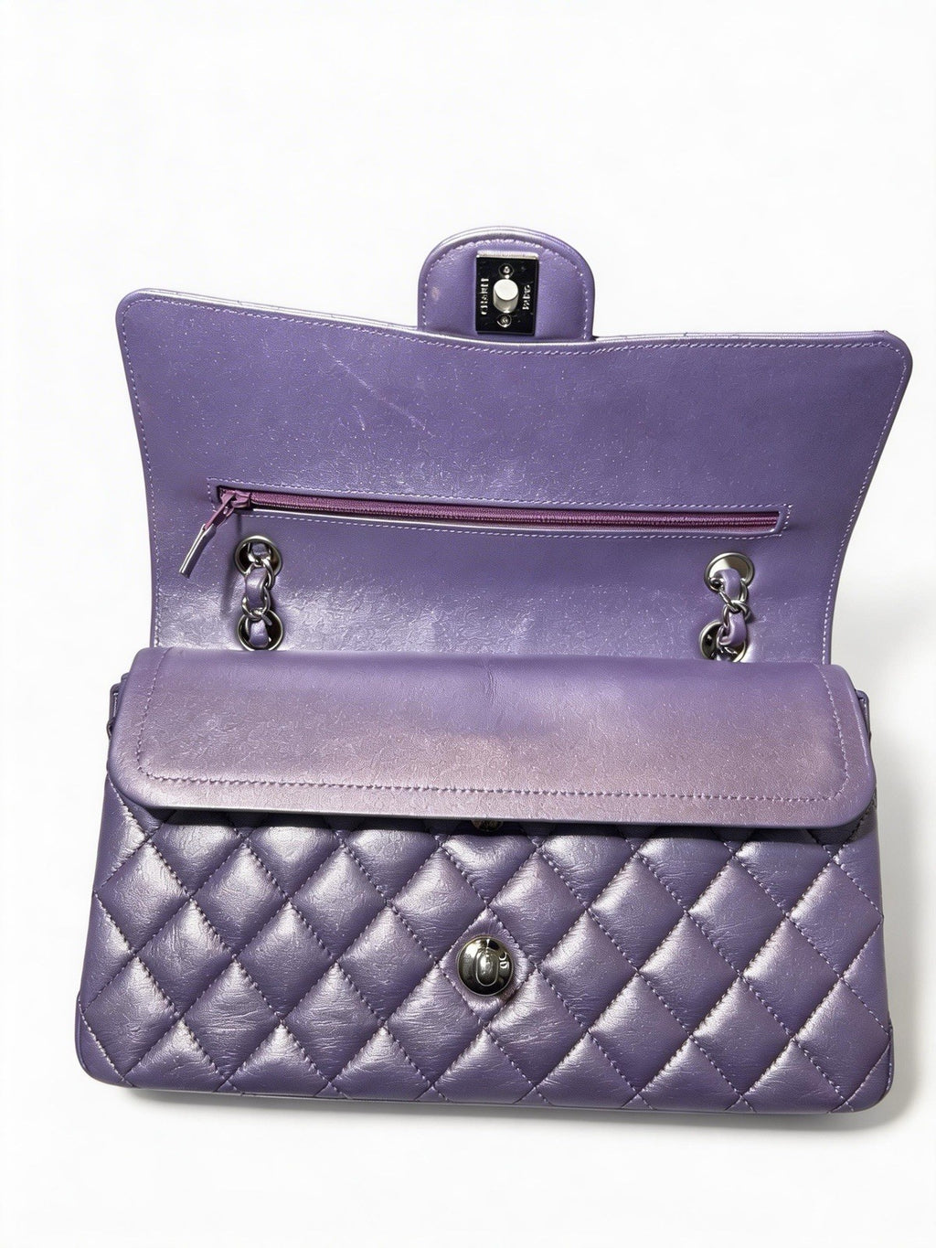 Chanel Metallic Quilted Lambskin Medium Double Flap Purple