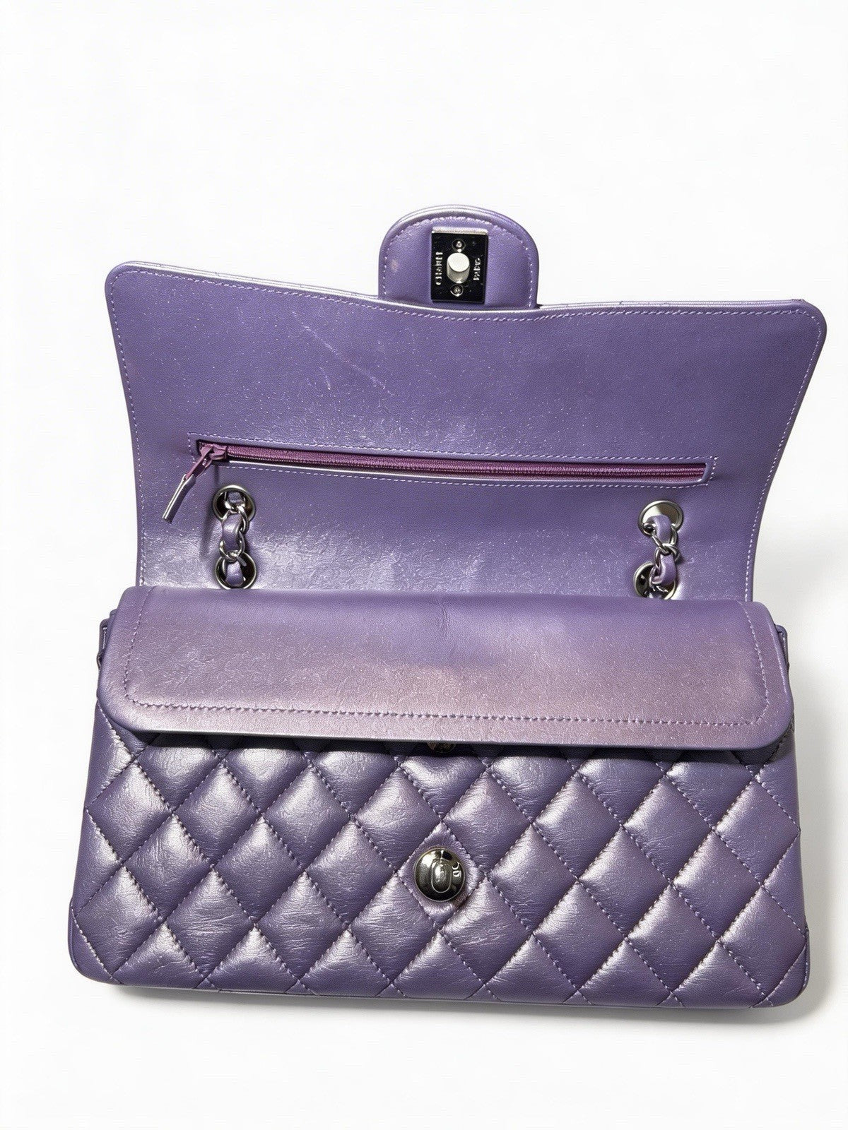 Chanel Metallic Quilted Lambskin Medium Double Flap Purple