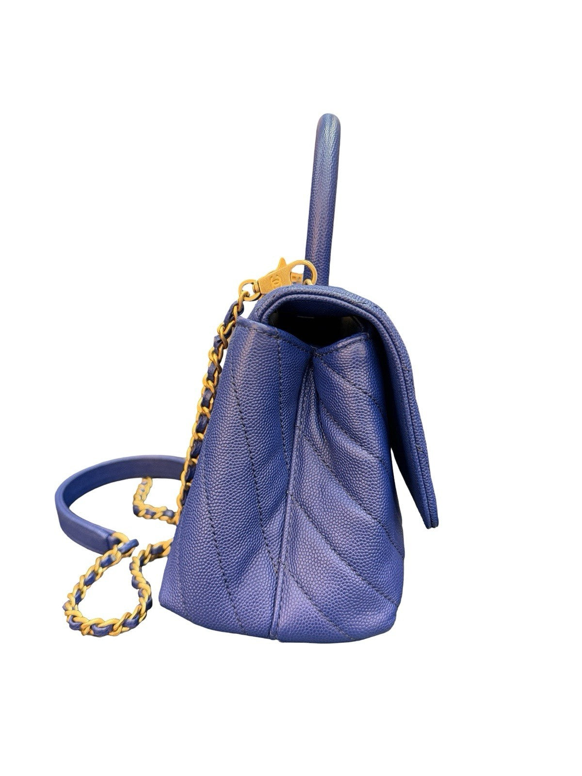 Chanel Caviar Chevron Quilted Mini Coco Top Handle Flap Bag Blue