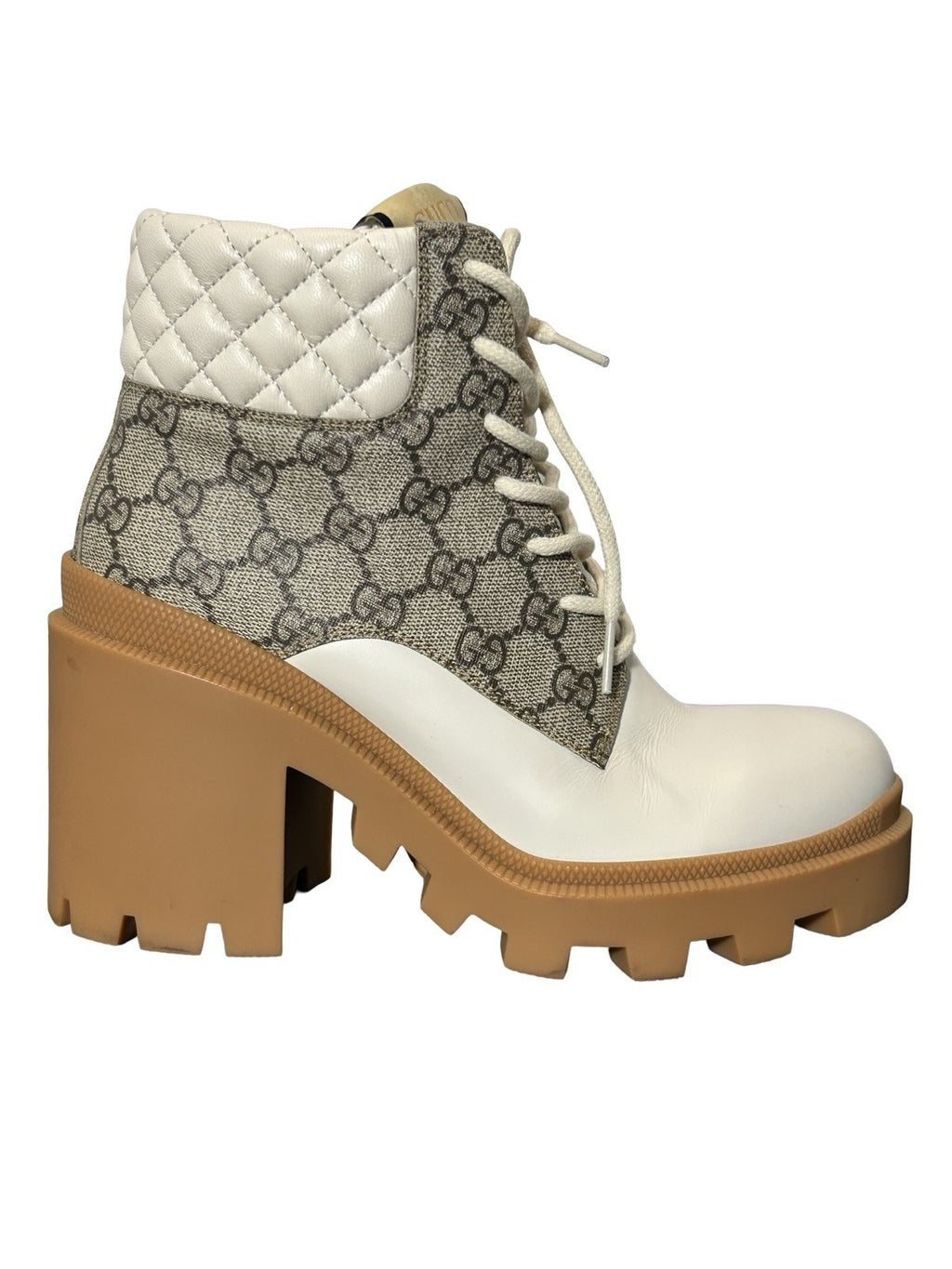 Gucci Calfskin GG Supreme Monogram Nappa Quilted Lace Up Ankle Boots