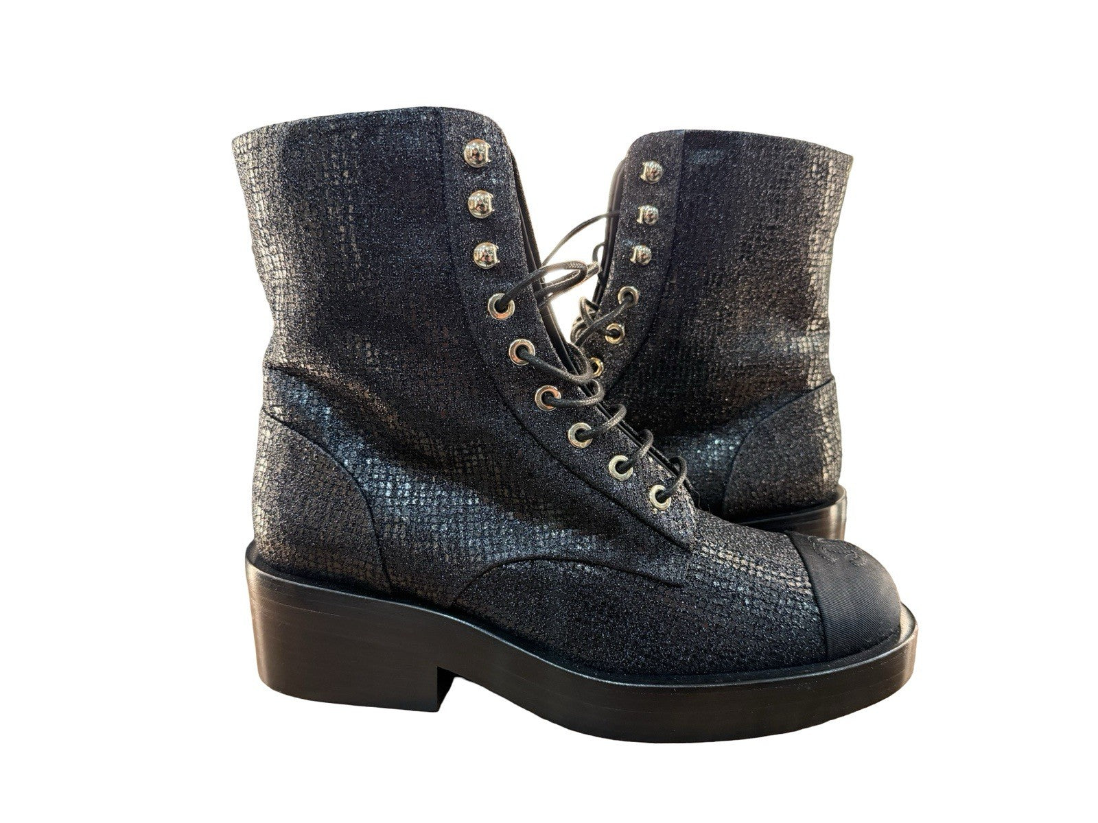 Chanel Women's CC Cap Toe Lace Up Combat Boots Fabric & Grosgrain Size 38 - US 8