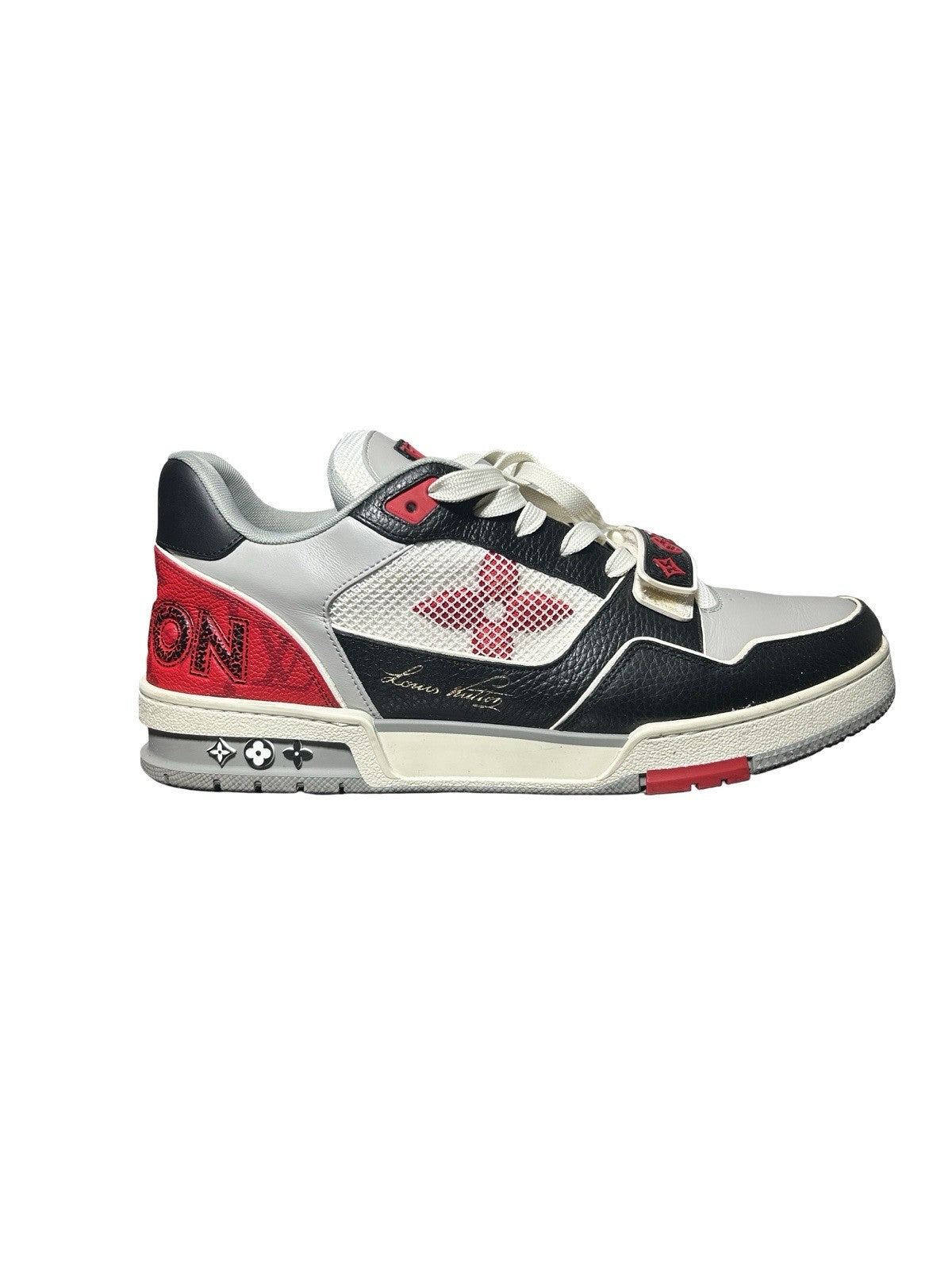 LOUIS VUITTON Calfskin Monogram Mens LV Trainer Sneakers 8 Grey Red Black