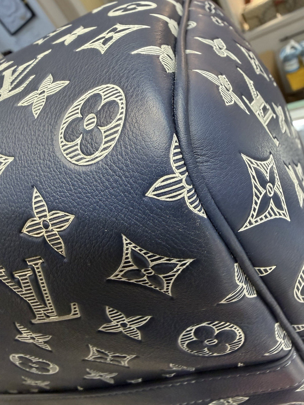 Louis Vuitton Calfskin Shadow Monogram Keepall Bandouliere 50 Ink Blue White