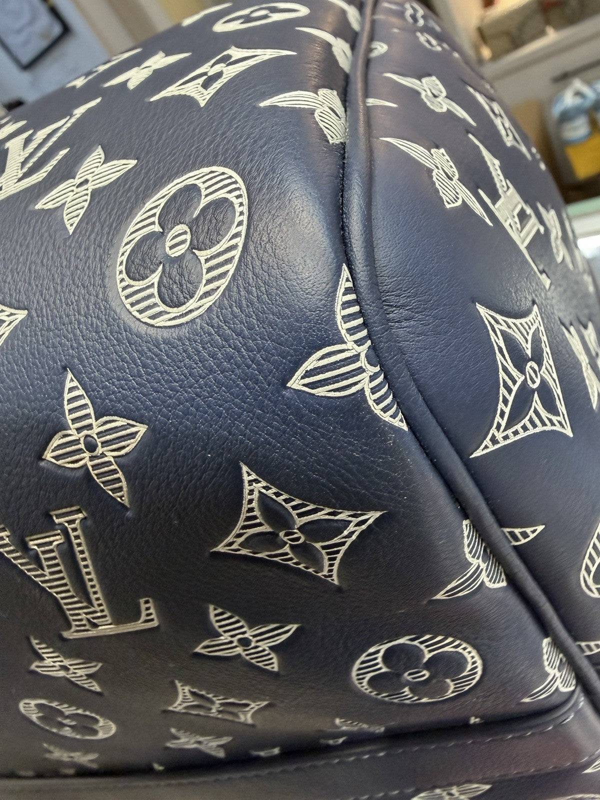 Louis Vuitton Calfskin Shadow Monogram Keepall Bandouliere 50 Ink Blue White