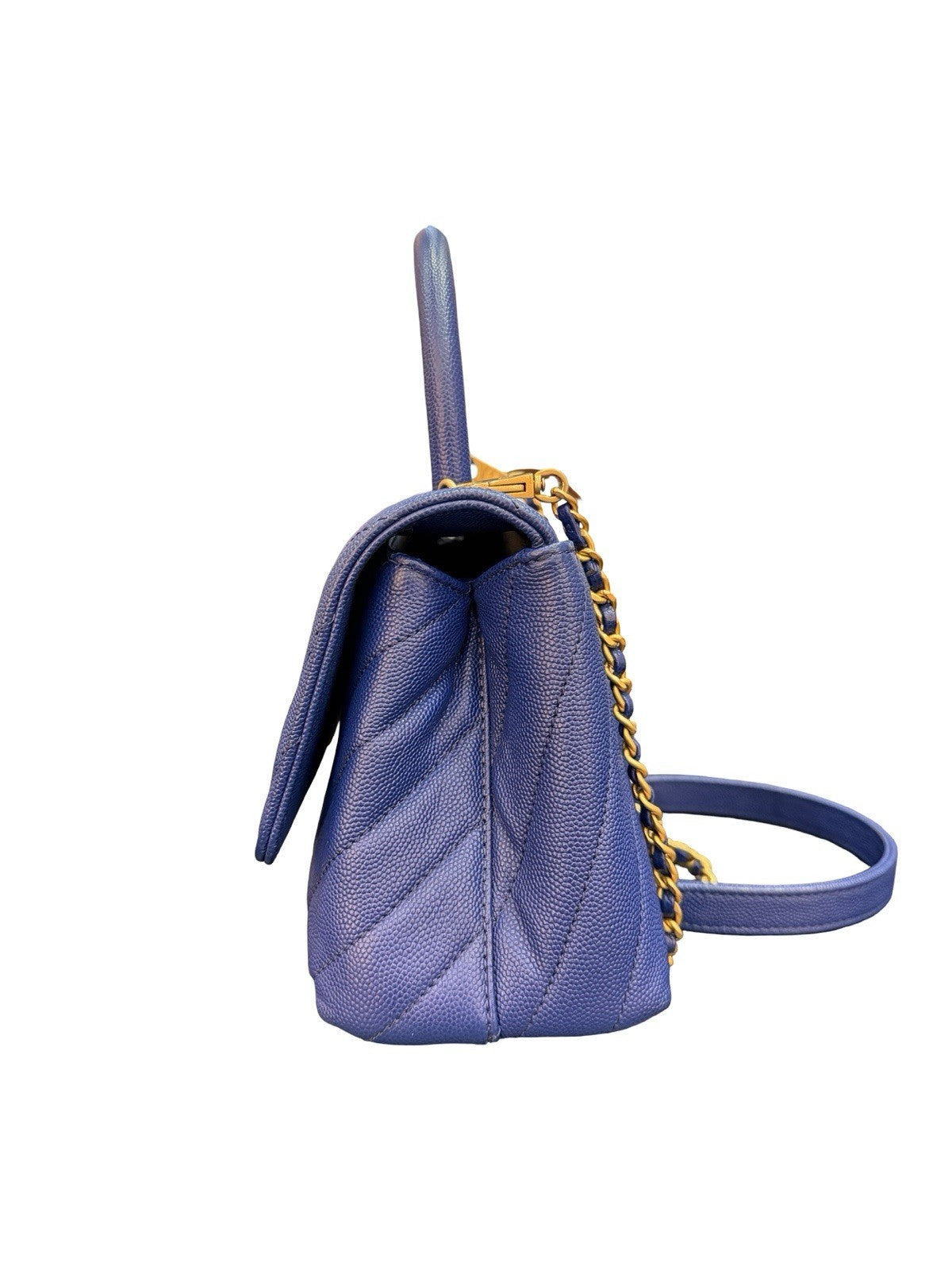 Chanel Caviar Chevron Quilted Mini Coco Top Handle Flap Bag Blue