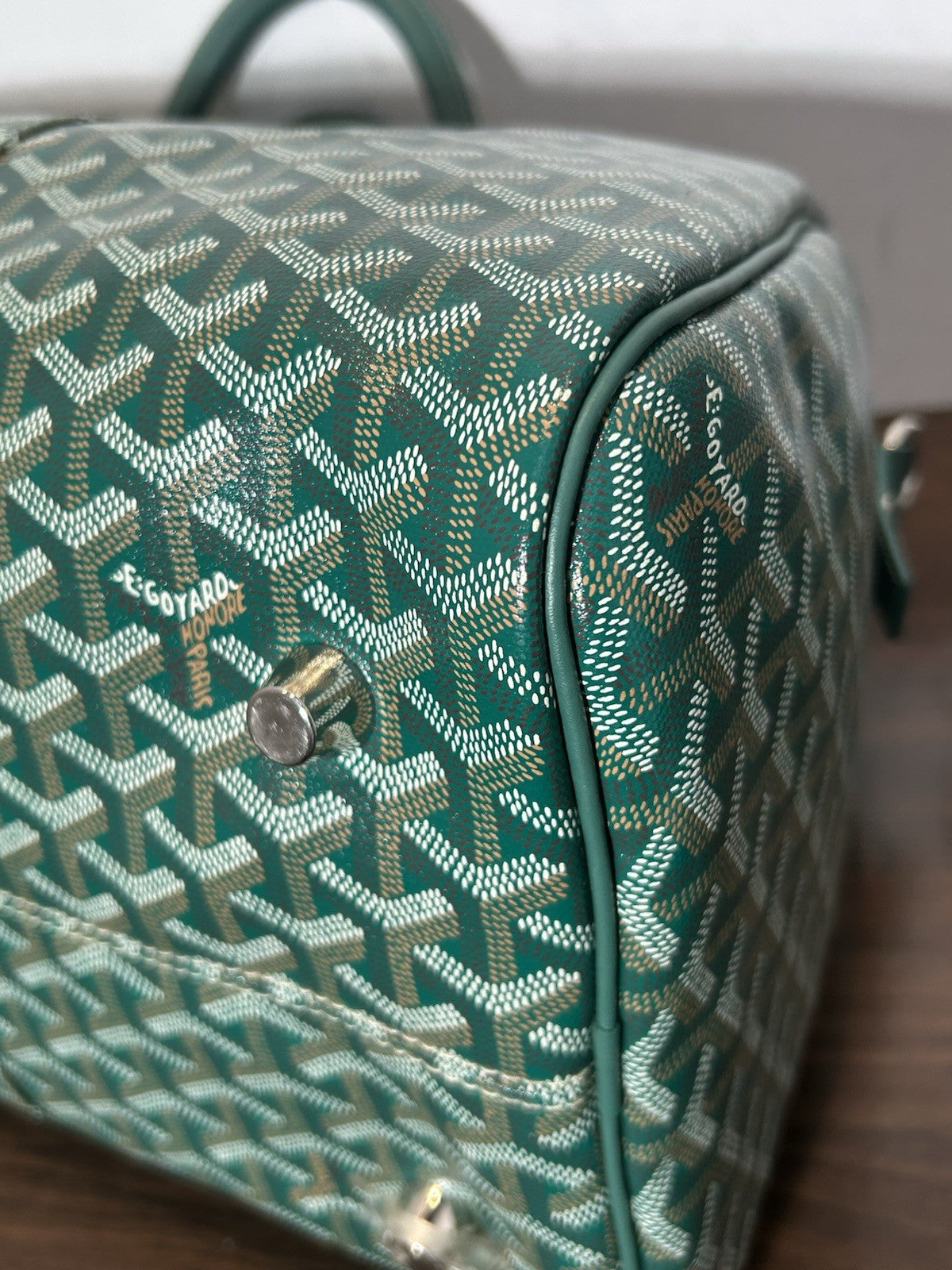 Goyard Boston 45 Green Goyardine Coated Canvas and Leather Duffel Bag AUTHENTIC