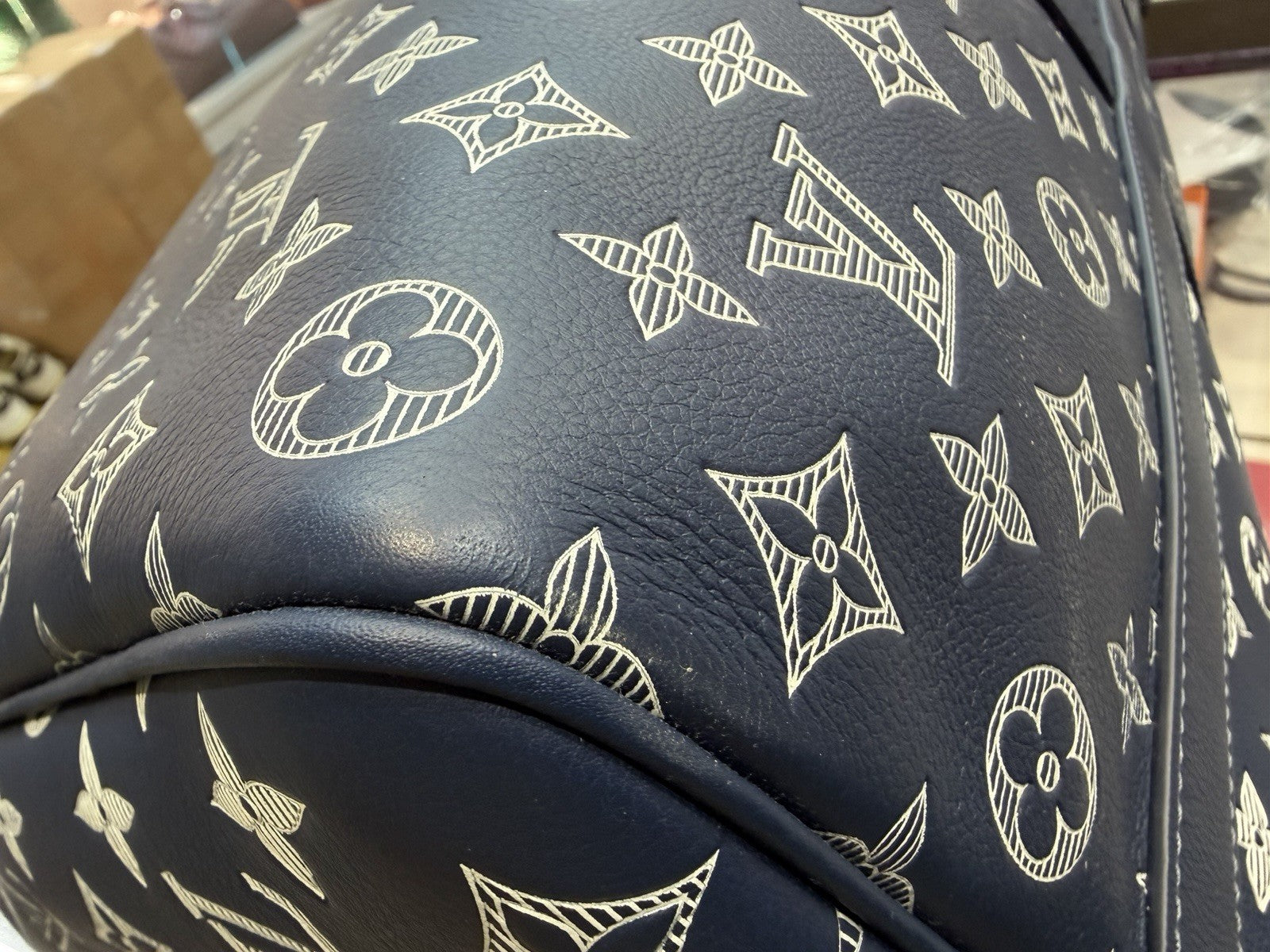 Louis Vuitton Calfskin Shadow Monogram Keepall Bandouliere 50 Ink Blue White