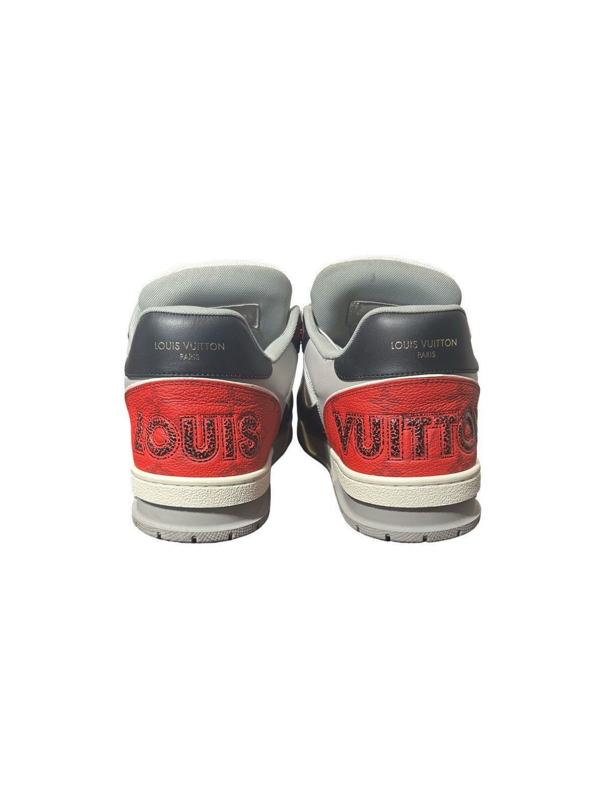 LOUIS VUITTON Calfskin Monogram Mens LV Trainer Sneakers 8 Grey Red Black