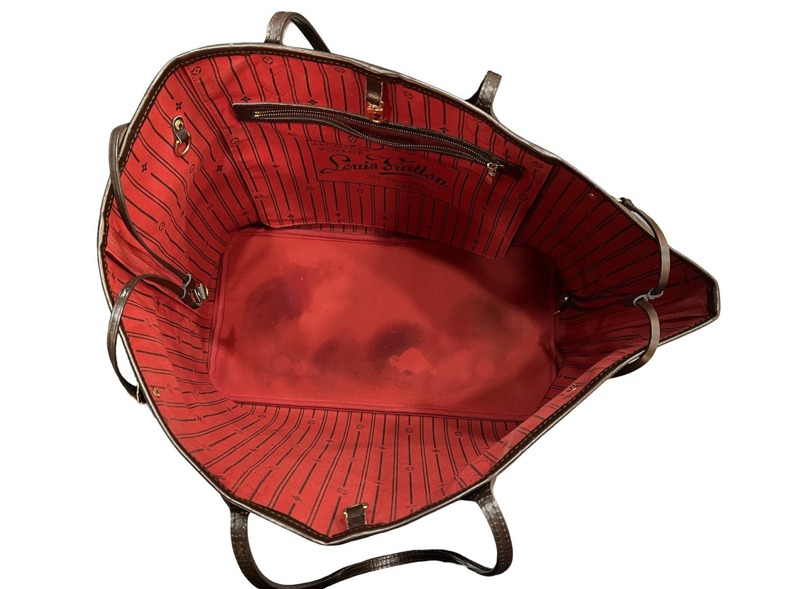 Louis Vuitton Neverfull GM Tote Bag In Damier Ebene Canvas With a Red Interior